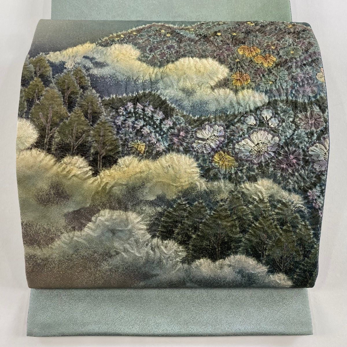 袋帯 吉乃一廉 落款 辻が花 雲文 金糸 ぼかし 灰緑 お太鼓柄 正絹