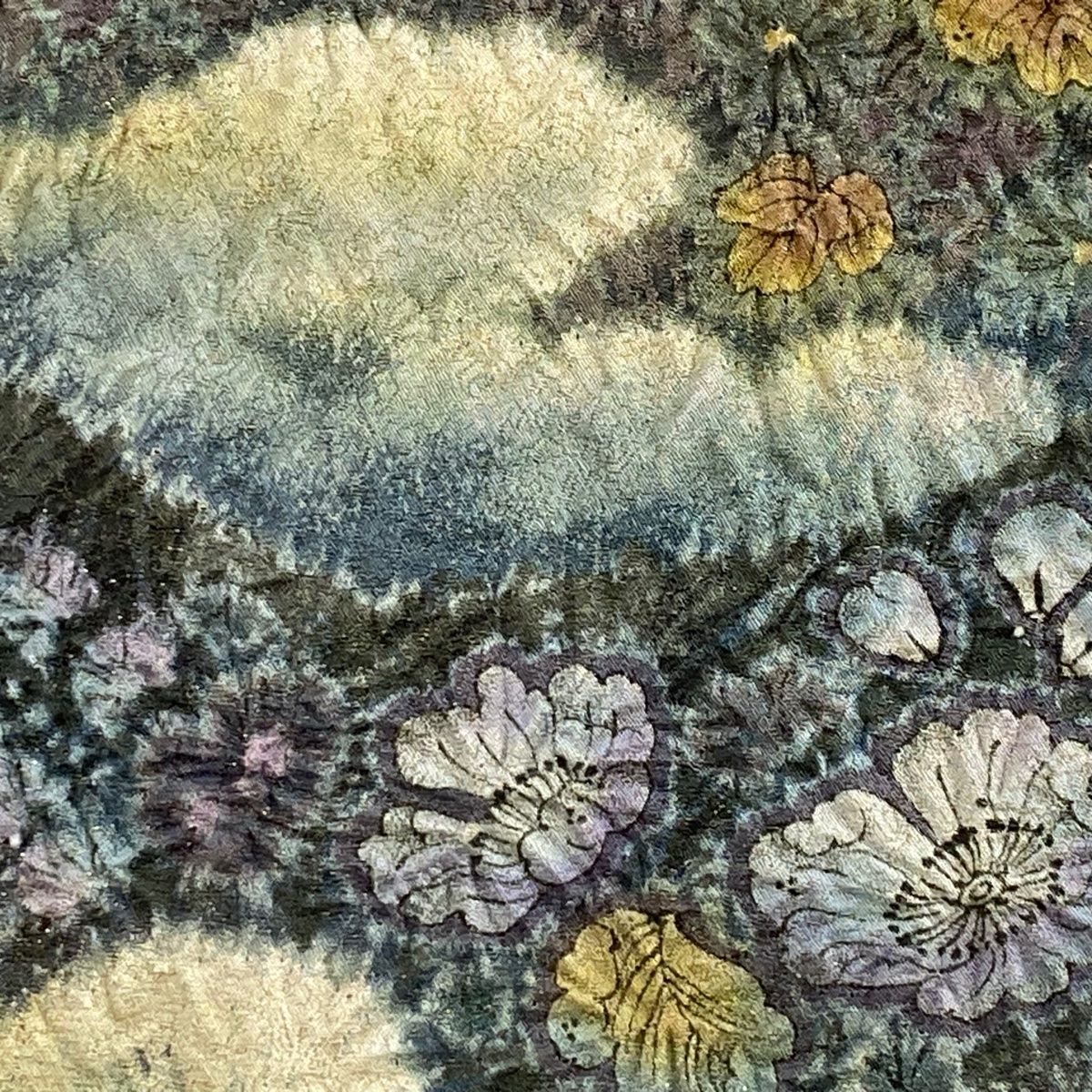 袋帯 吉乃一廉 落款 辻が花 雲文 金糸 ぼかし 灰緑 お太鼓柄 正絹