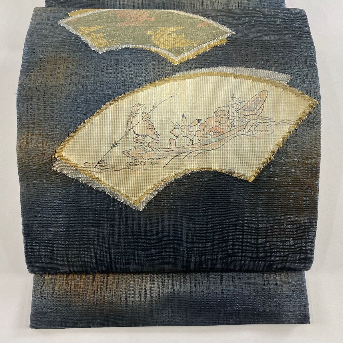 袋帯 鳥獣戯画 荒磯 螺鈿 金銀糸 青灰色 お太鼓柄 正絹