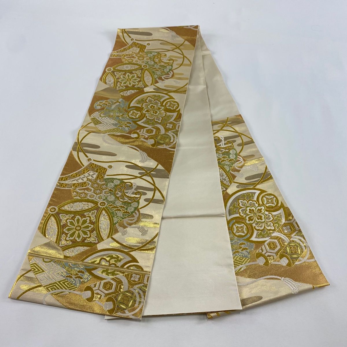100%品質保証。 袋帯 川島織物 落款 七宝華文 松竹梅 金糸 箔 金色 六通 正絹 目を引く