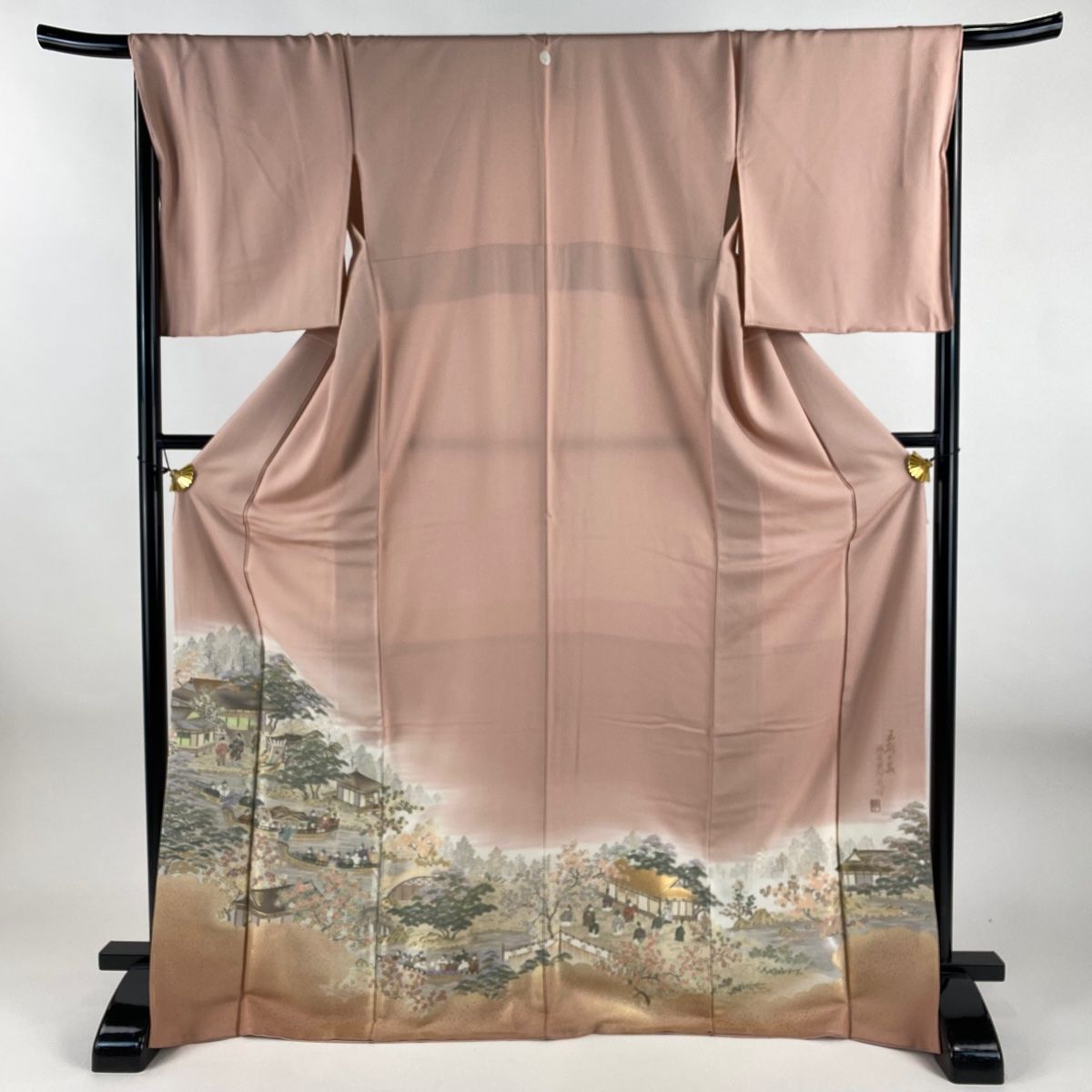 色留袖 身丈171cm 裄丈68cm L 袷 落款 神泉苑御遊図 舟 金銀糸 箔 ピンク 正絹 秀品 一つ紋