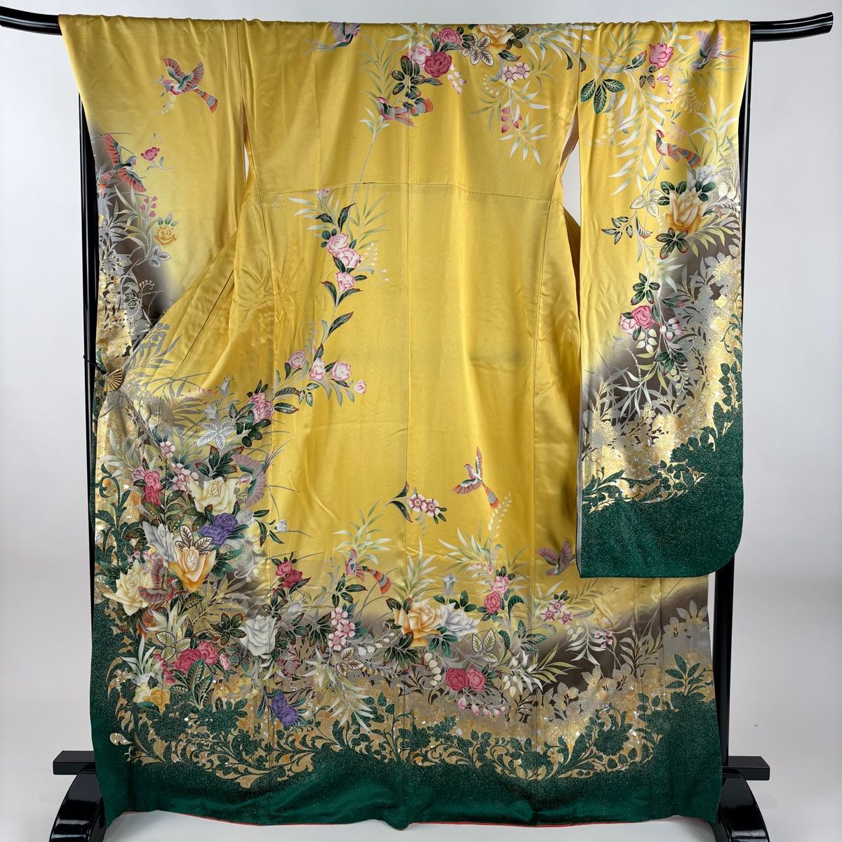 振袖 身丈171cm 裄丈69.5cm L 袷 草花 鳥 金銀彩 金銀糸 黄色 正絹 秀品