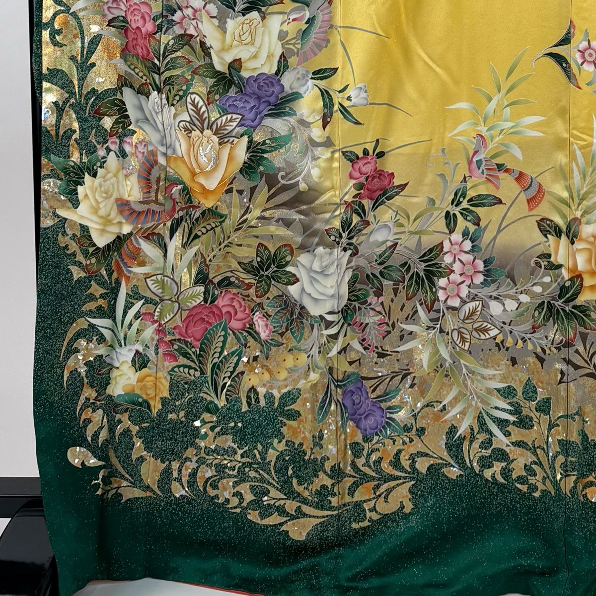 振袖 身丈171cm 裄丈69.5cm L 袷 草花 鳥 金銀彩 金銀糸 黄色 正絹 秀品