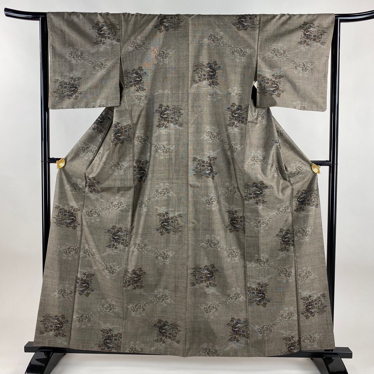 紬 身丈160cm 裄丈63.5cm S 袷 建物 樹木 灰茶 正絹 秀品