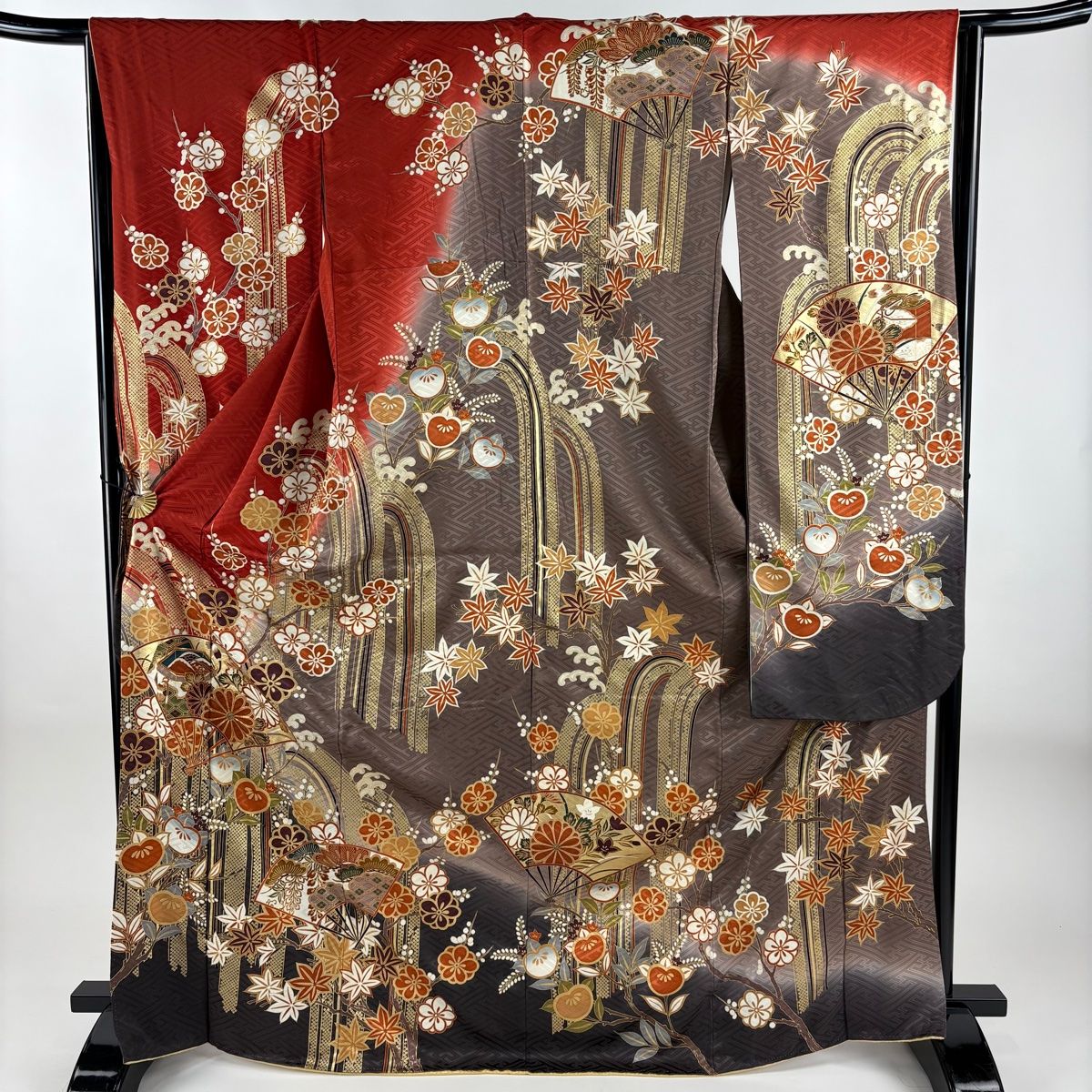 振袖 身丈170cm 裄丈65cm M 袷 扇 枝梅 金糸 金彩 茜色 正絹 秀品