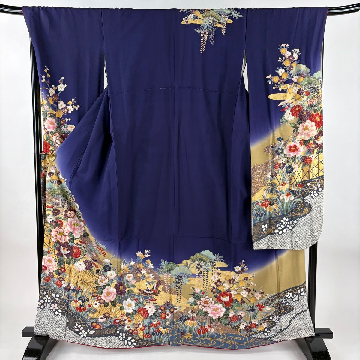 振袖 身丈163.5cm 裄丈69.5cm L 袷 草花 幔幕 金糸 金銀彩 濃紫 正絹 秀品