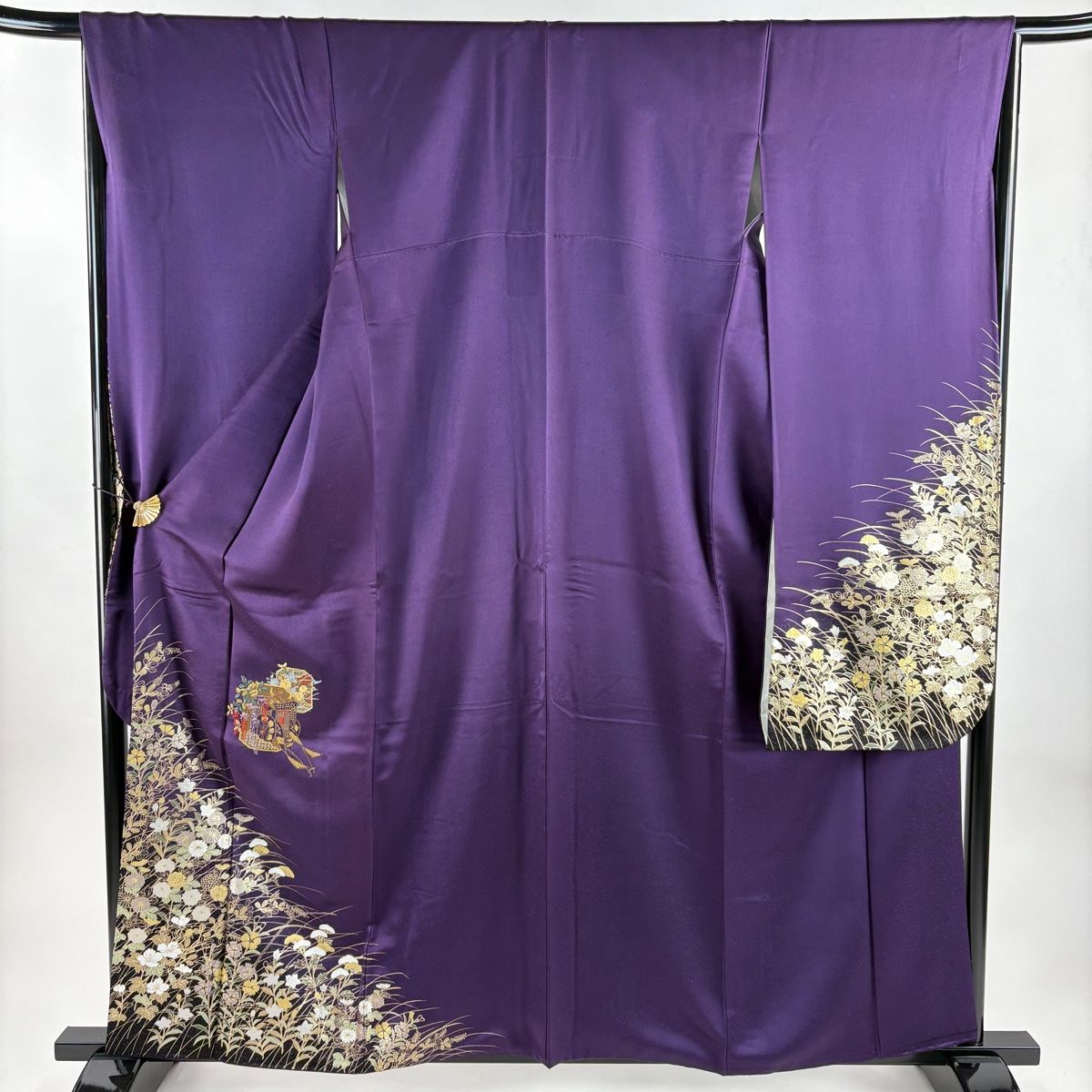 振袖 身丈161cm 裄丈66cm M 袷 御所車 秋草 刺繍 金銀彩 濃紫 正絹 秀品