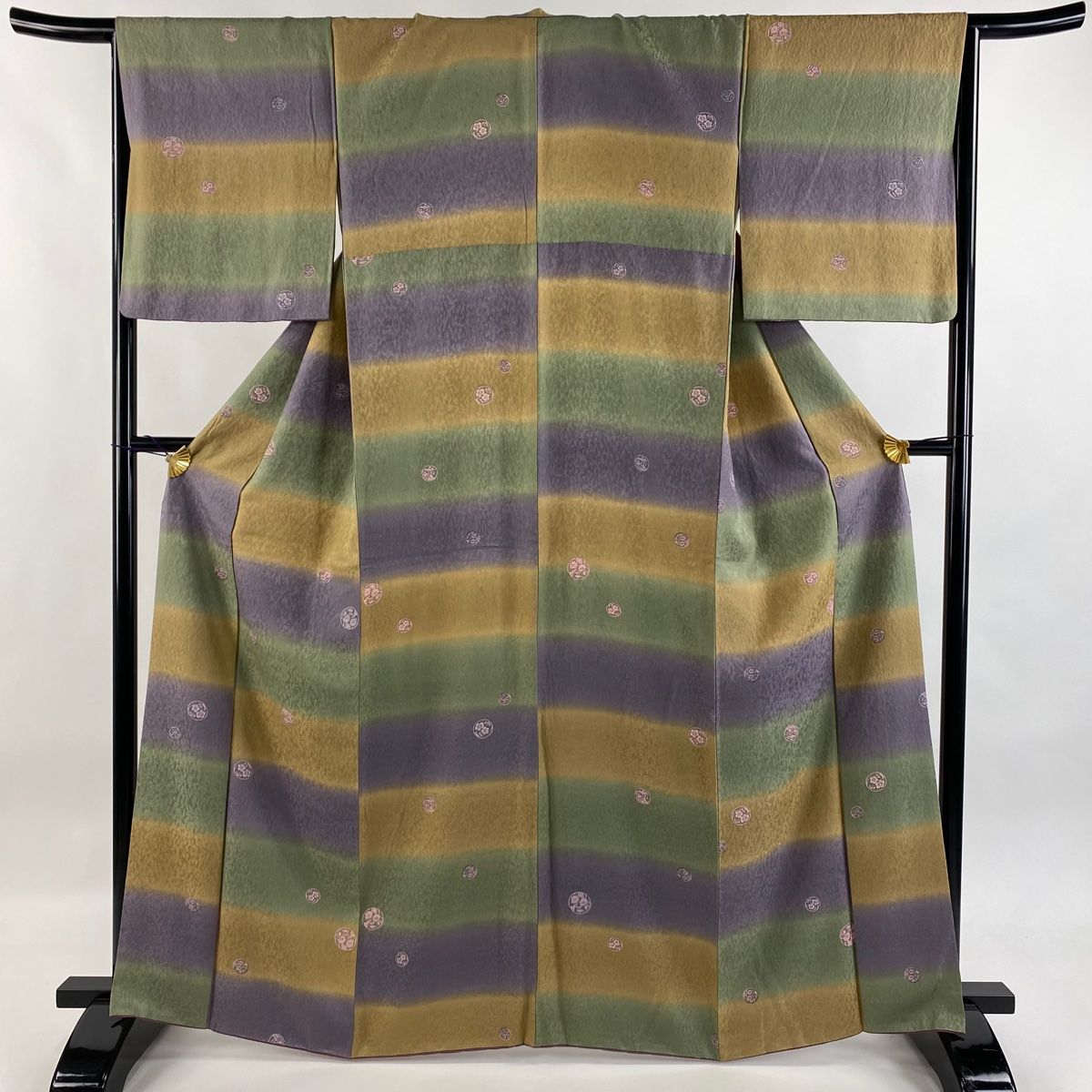 小紋 身丈163.5cm 裄丈66cm M 袷 花丸文 段縞 ぼかし 薄緑 正絹 秀品