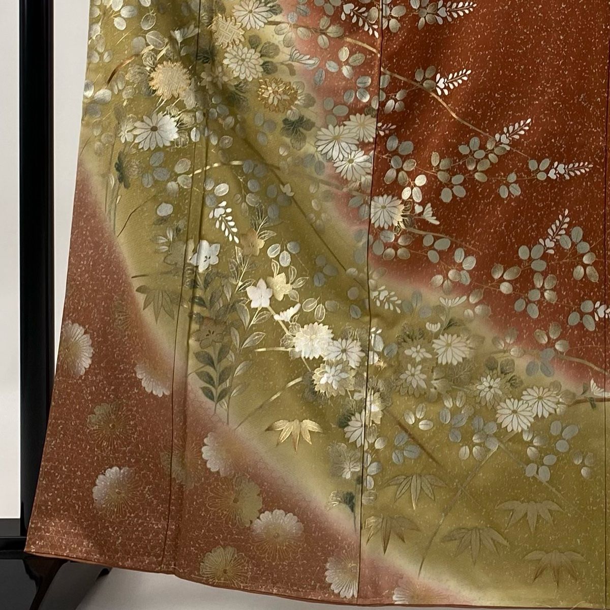 訪問着 身丈164cm 裄丈62.5cm S 袷 秋草 金糸 金銀彩 赤茶 正絹 秀品