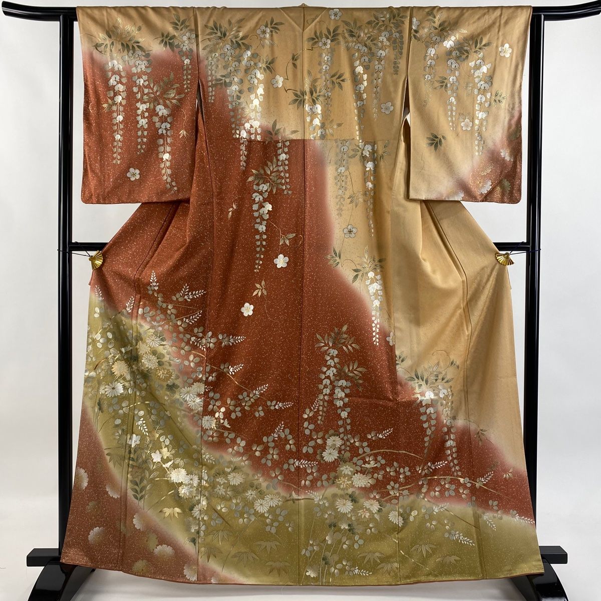 訪問着 身丈164cm 裄丈62.5cm S 袷 秋草 金糸 金銀彩 赤茶 正絹 秀品