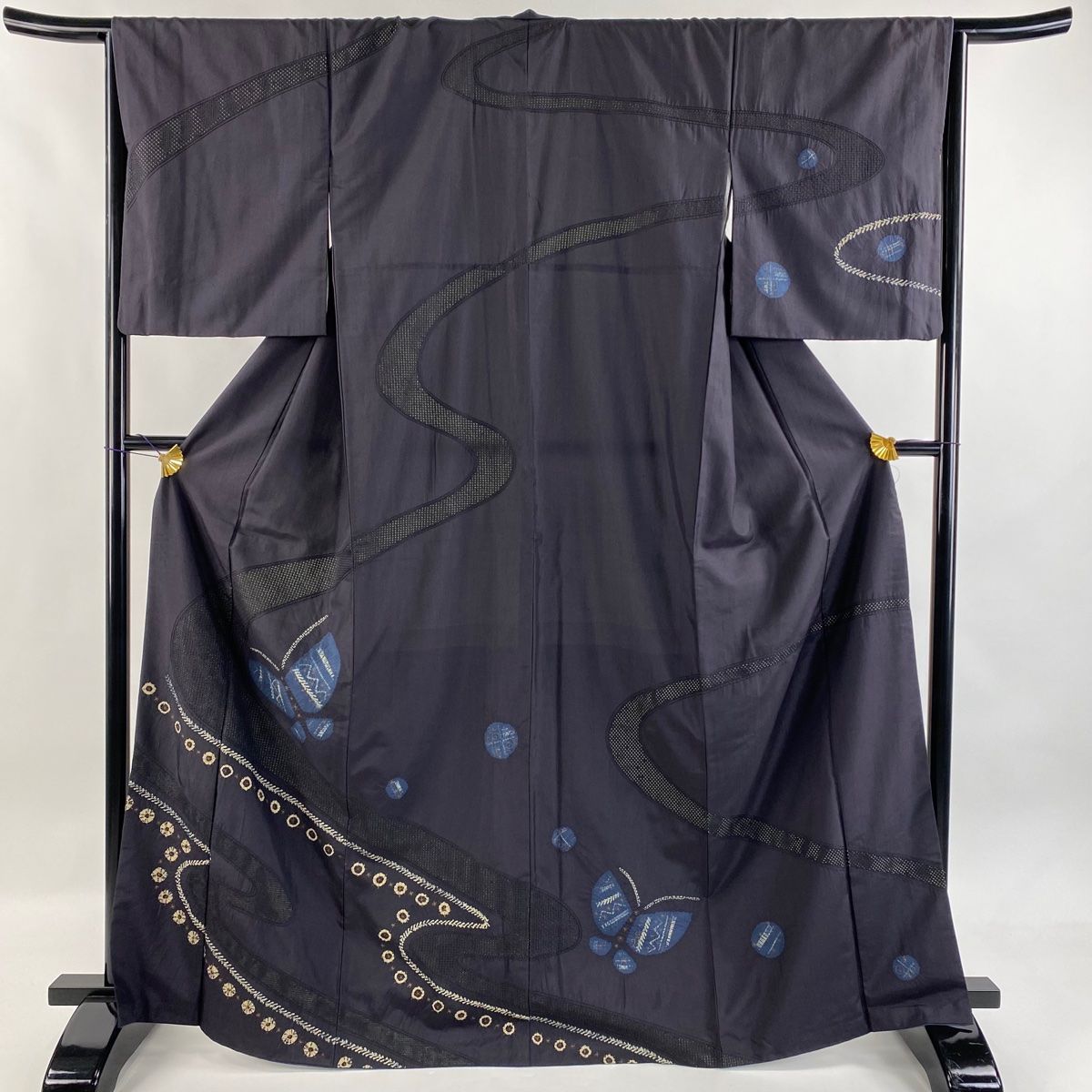 訪問着 身丈168cm 裄丈66.5cm M 袷 紬地 蝶 霞 刺繍 絞り 墨色 正絹 秀品