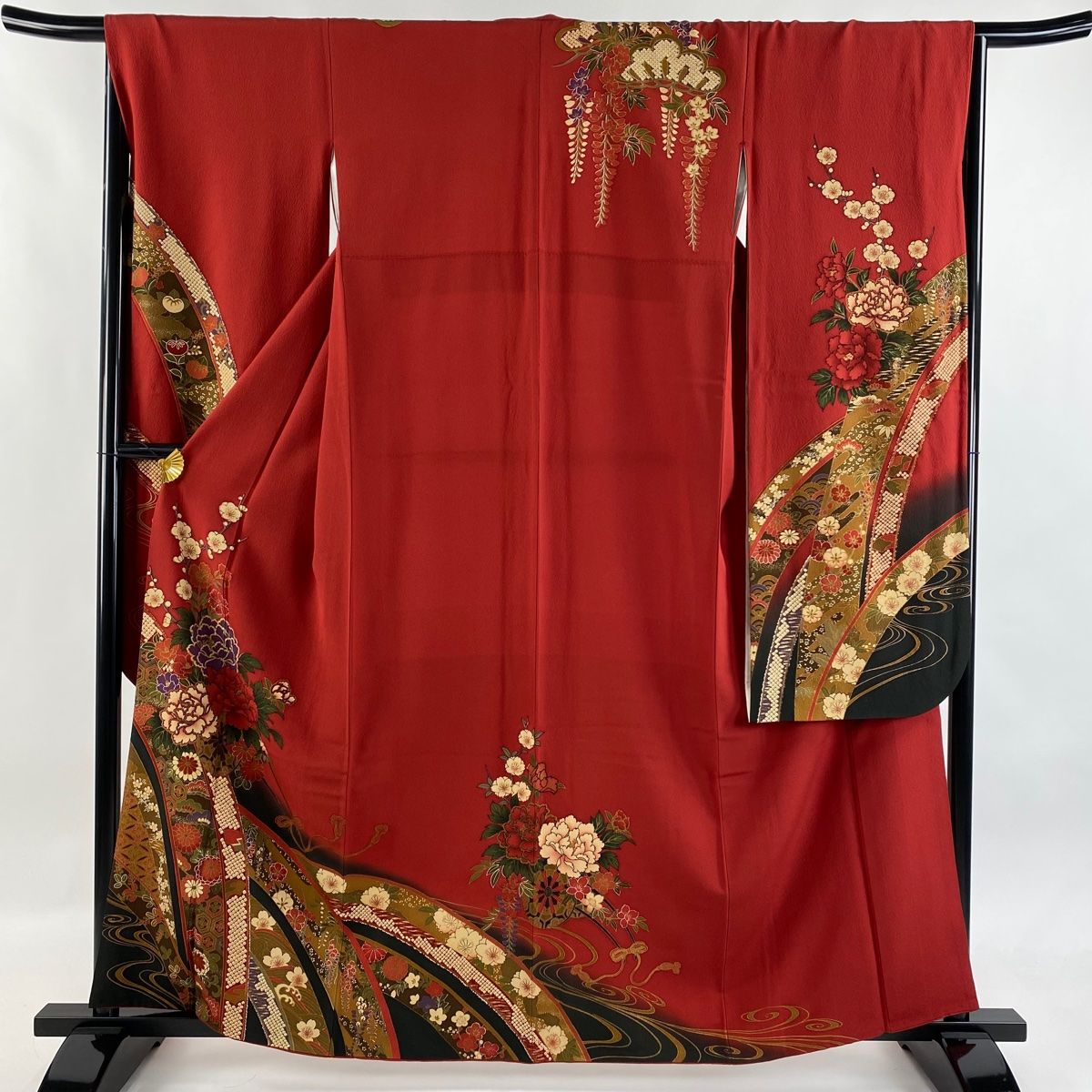 振袖 身丈161cm 裄丈66cm M 袷 花車 草花 金彩 赤 正絹 秀品