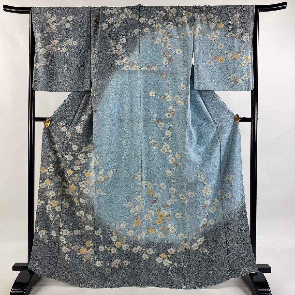 訪問着 身丈166cm 裄丈68.5cm L 袷 梅 金彩 染め分け 灰緑 正絹 秀品