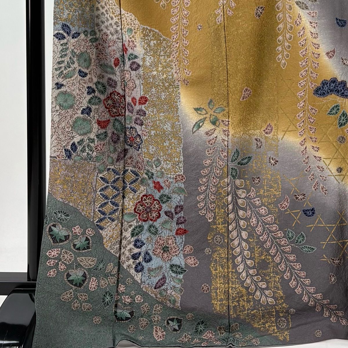 訪問着 身丈170.5cm 裄丈66cm M 袷 藤 草花 金彩 山吹茶色 正絹 秀品 WWW_GREEN-COOK_ORG