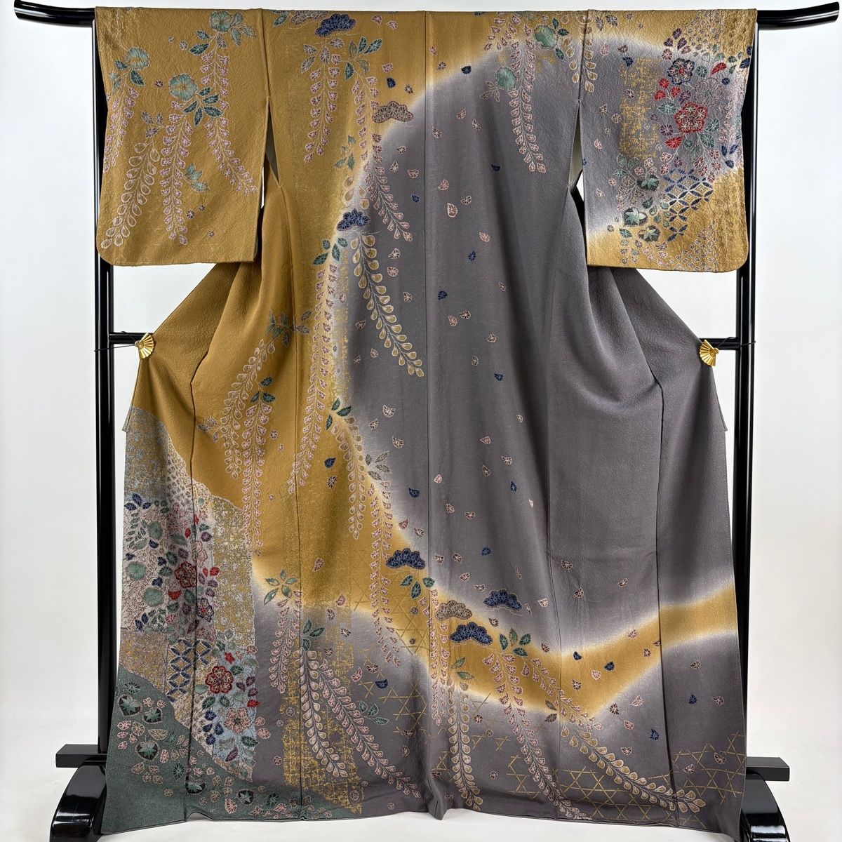 訪問着 身丈170.5cm 裄丈66cm M 袷 藤 草花 金彩 山吹茶色 正絹 秀品