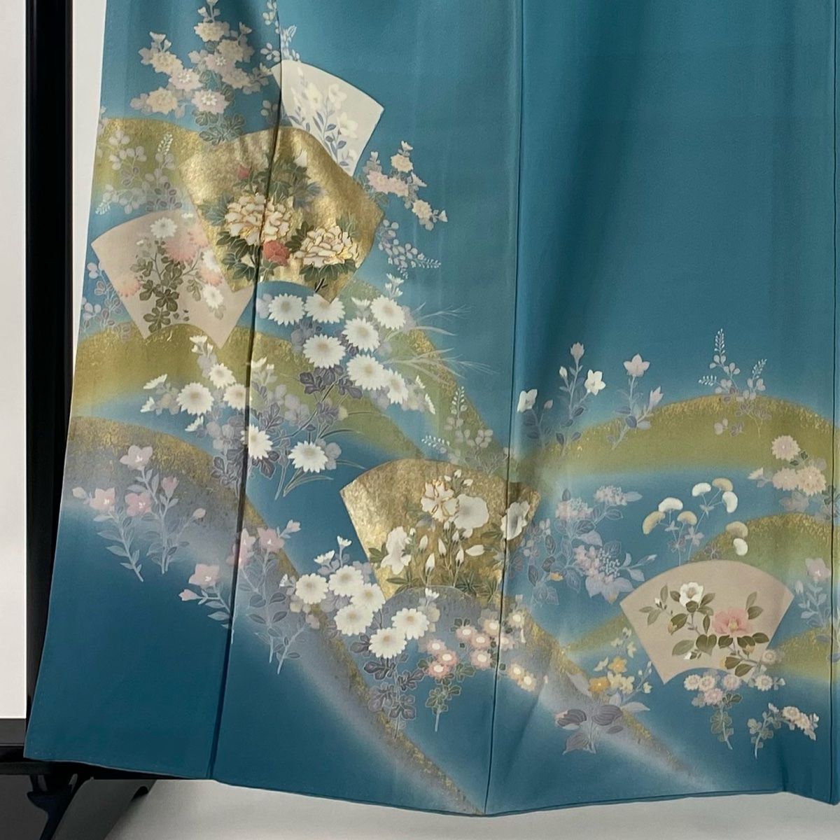 訪問着 身丈160cm 裄丈65.5cm M 袷 落款 扇面 牡丹 金銀彩 金糸 青緑 正絹 秀品 一つ紋