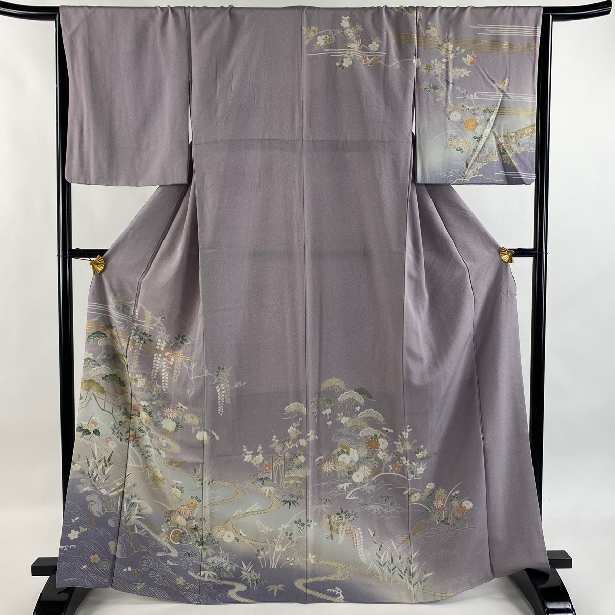 訪問着 身丈166cm 裄丈67cm M 袷 建物 草花 金彩 ぼかし 薄紫 正絹 秀品