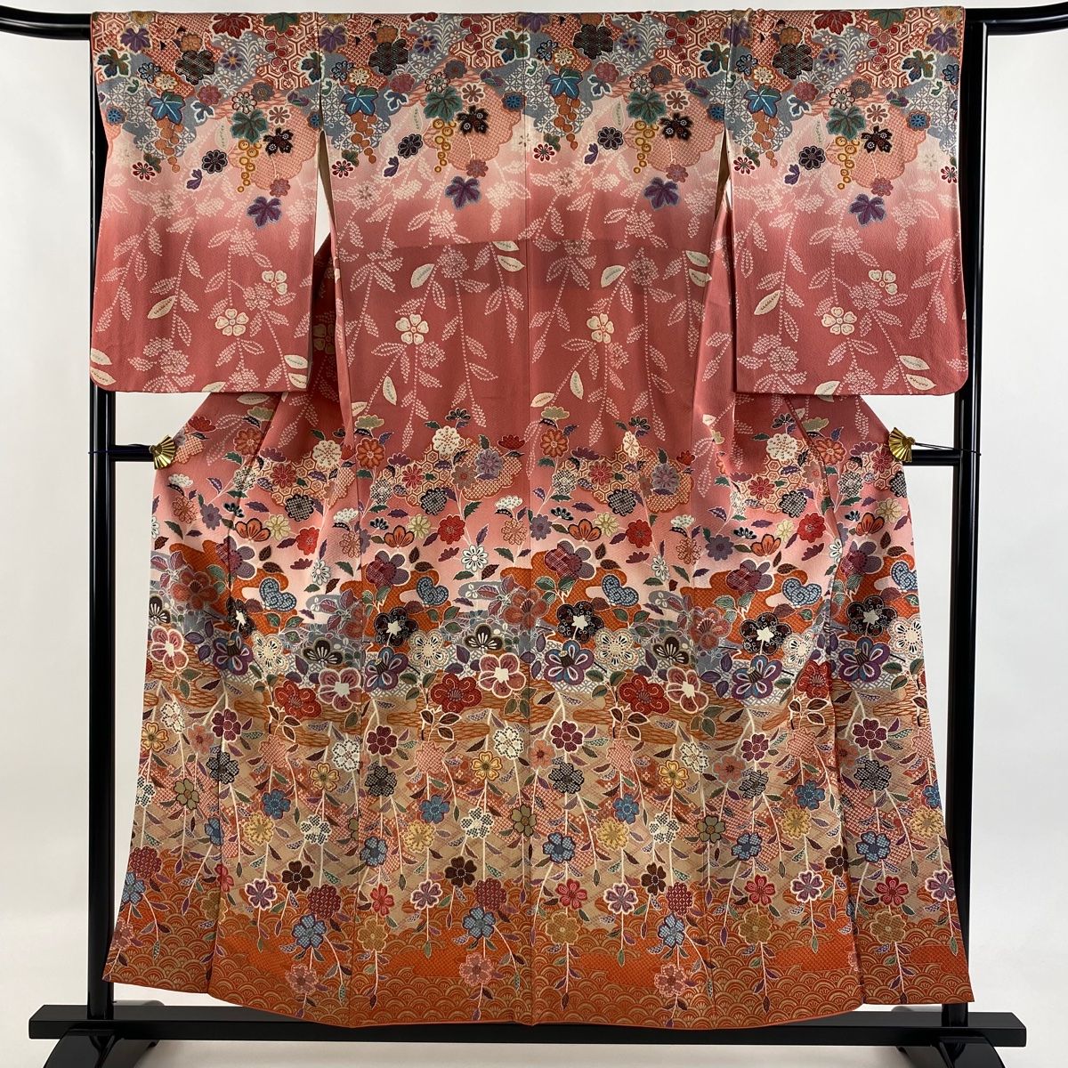 訪問着 身丈155.5cm 裄丈65cm M 袷 草花 霞 金彩 ぼかし ピンク 正絹 秀品