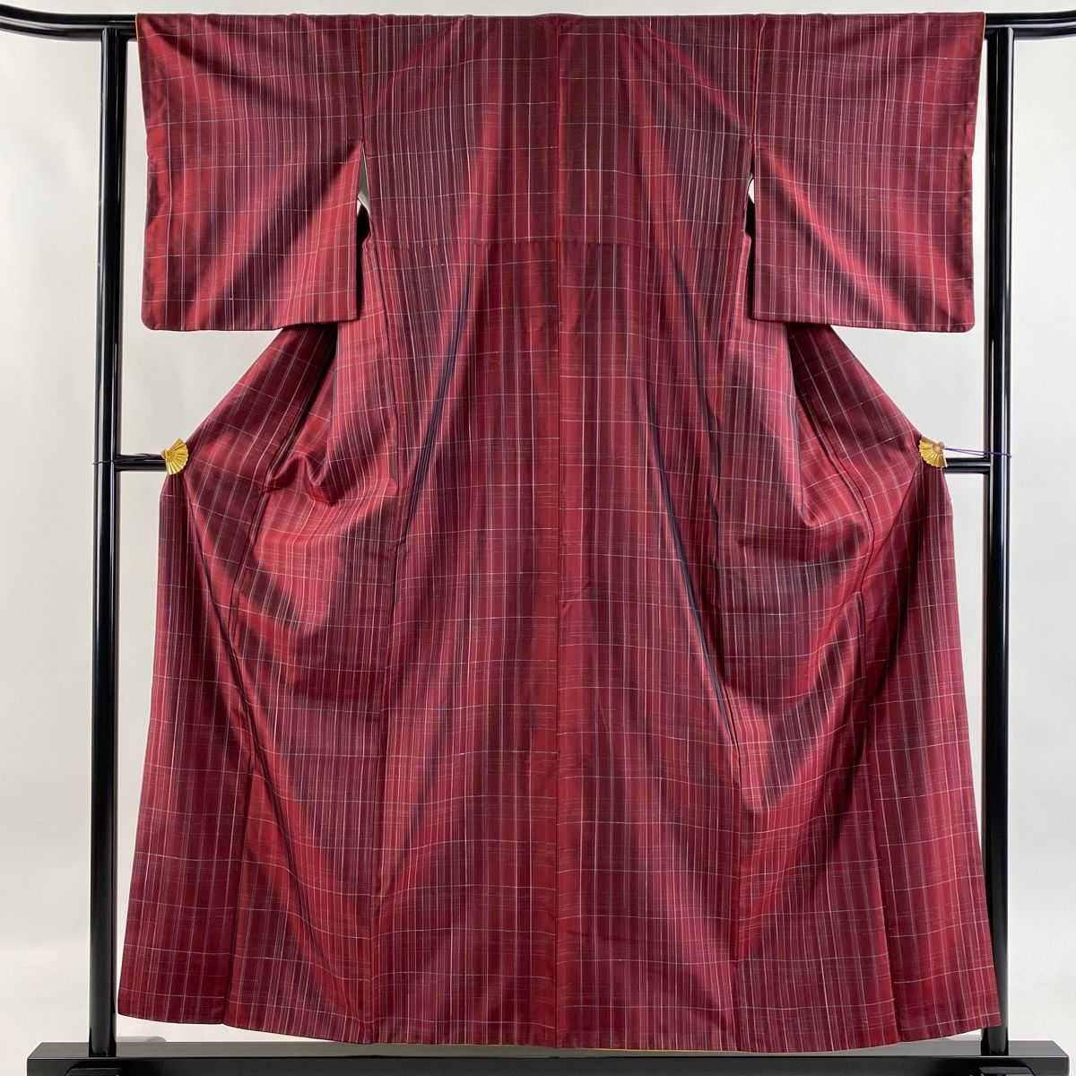 大島紬 身丈157cm 裄丈61.5cm S 袷 証紙 格子 赤紫 正絹 秀品