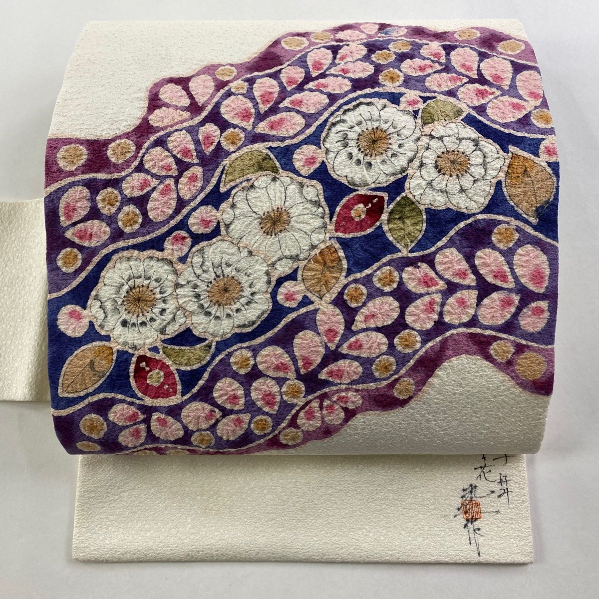 名古屋帯 落款 辻が花柄 絞り クリーム 正絹