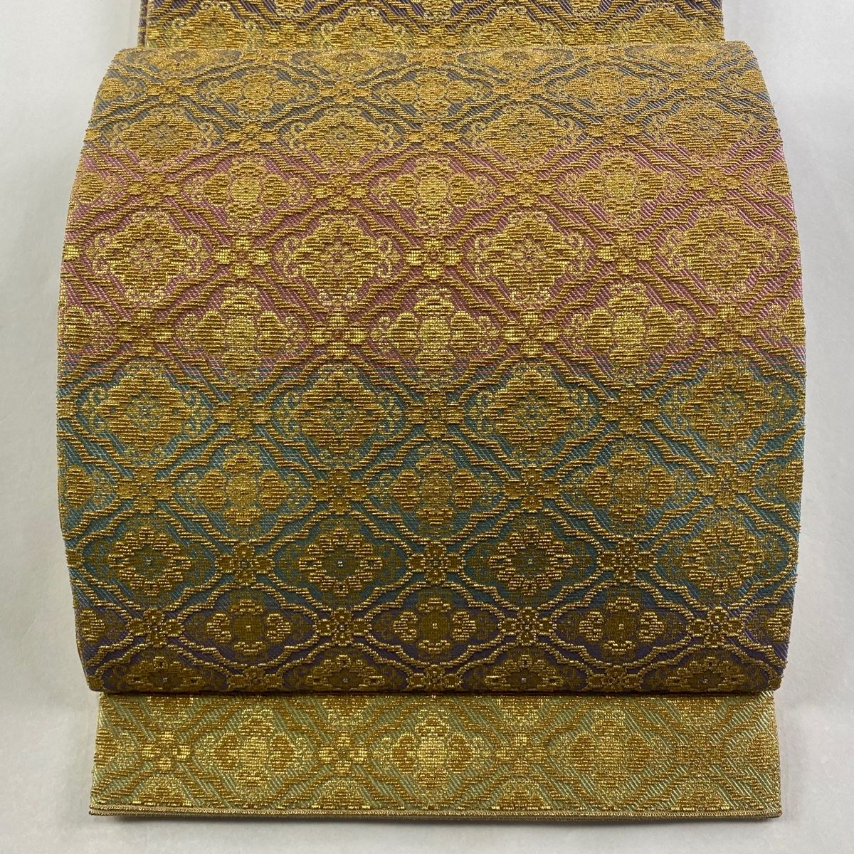 【美品】 袋帯 名品 段縞 花 金糸 箔 金色 全通 正絹 【】