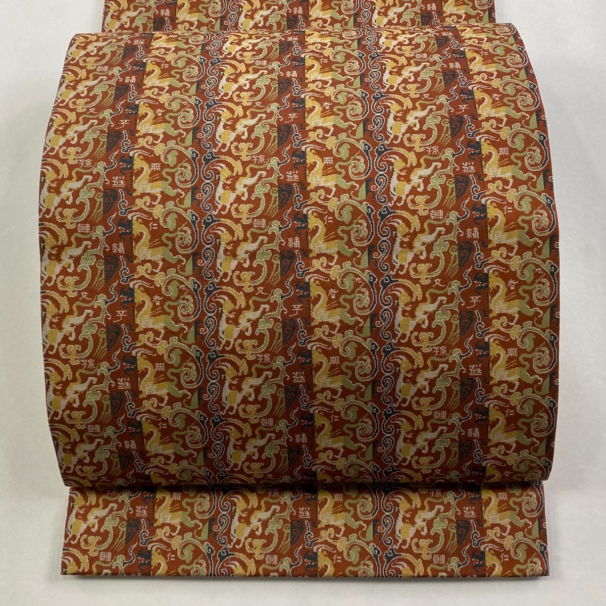 開き名古屋帯 龍村美術織物 動物 縞 赤茶 正絹