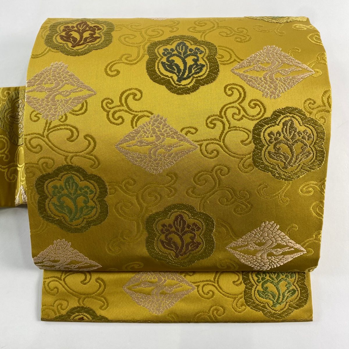 名古屋帯 草木染 向かい鶴 草花 唐織 からし色 正絹