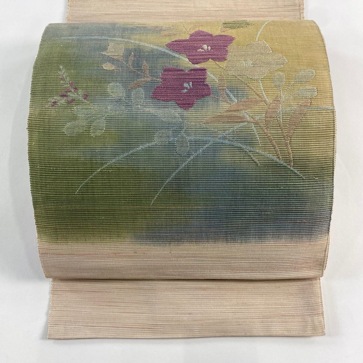 名古屋帯 夏帯 絽 八寸名古屋帯 松葉仕立て 桔梗 萩 金銀糸 ベージュ 正絹