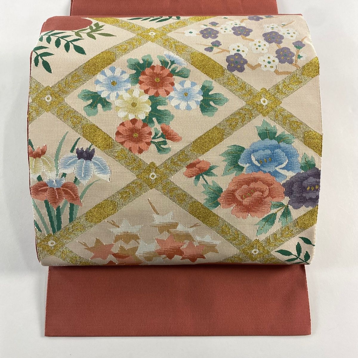 名古屋帯 八寸名古屋帯 松葉仕立て 菊 枝梅 金糸 明綴織 ピンクベージュ 正絹