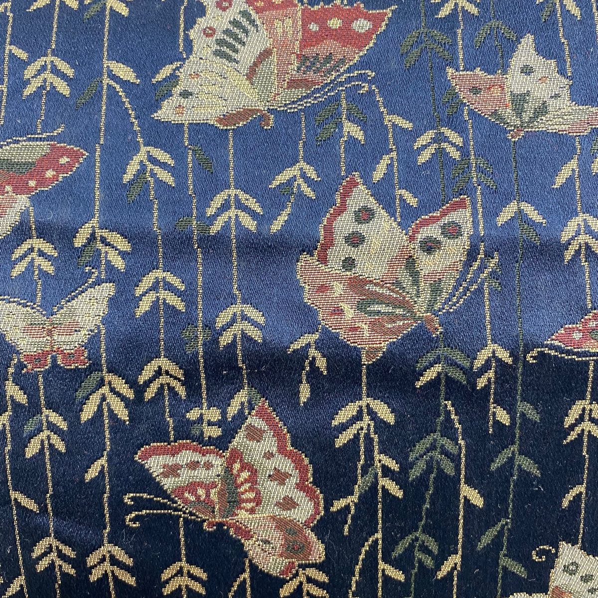 袋名古屋帯 証紙 とみや織物 蝶 葉柄 紺色 正絹