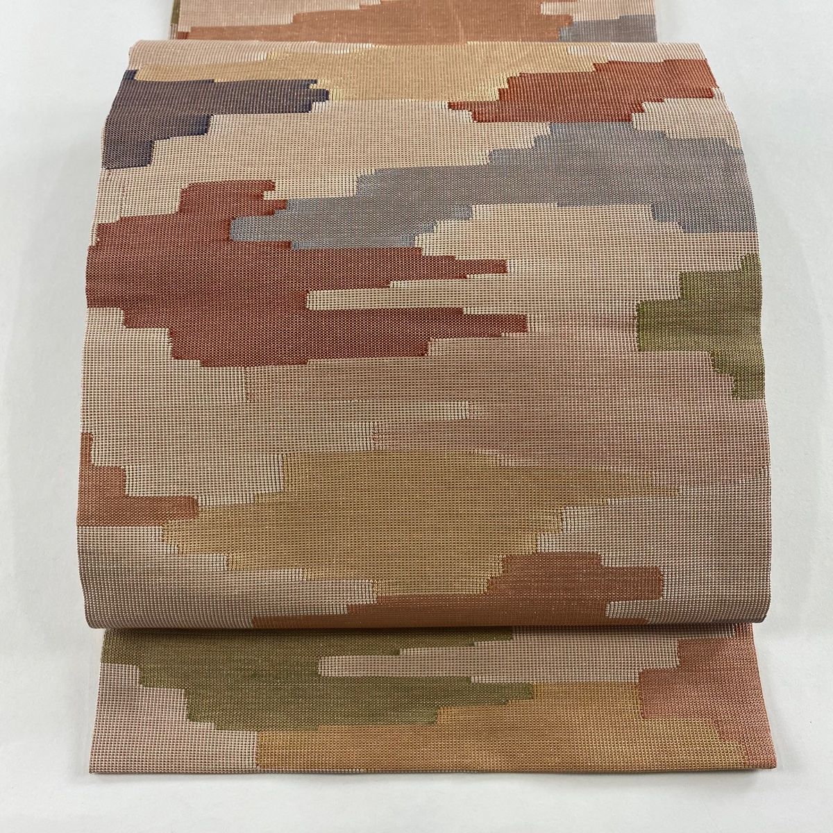 名古屋帯 八寸名古屋帯 松葉仕立て 霞 銀糸 ピンクベージュ 正絹