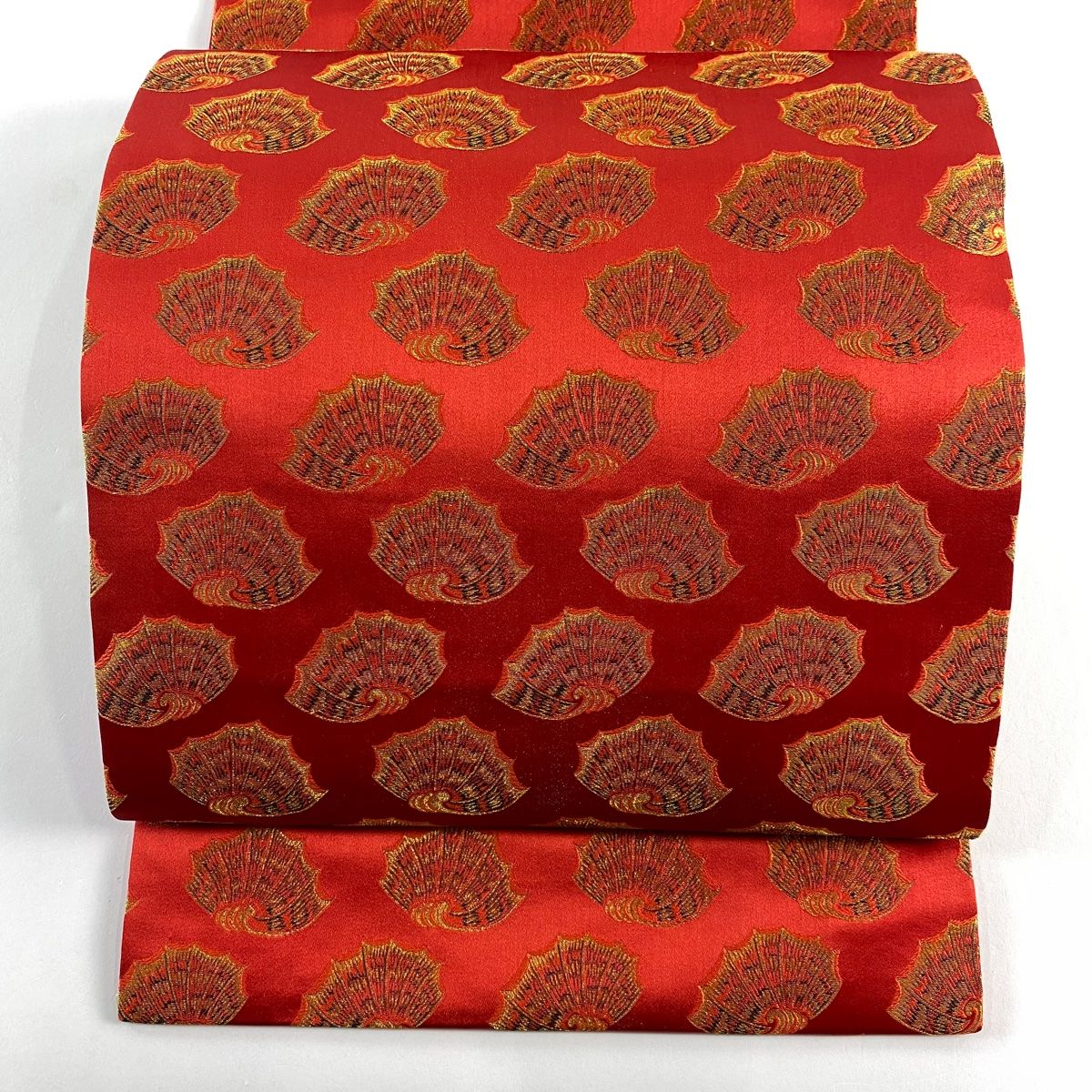 開き名古屋帯 龍村美術織物 TATUMURA 彩貝文 金糸 朱色 正絹