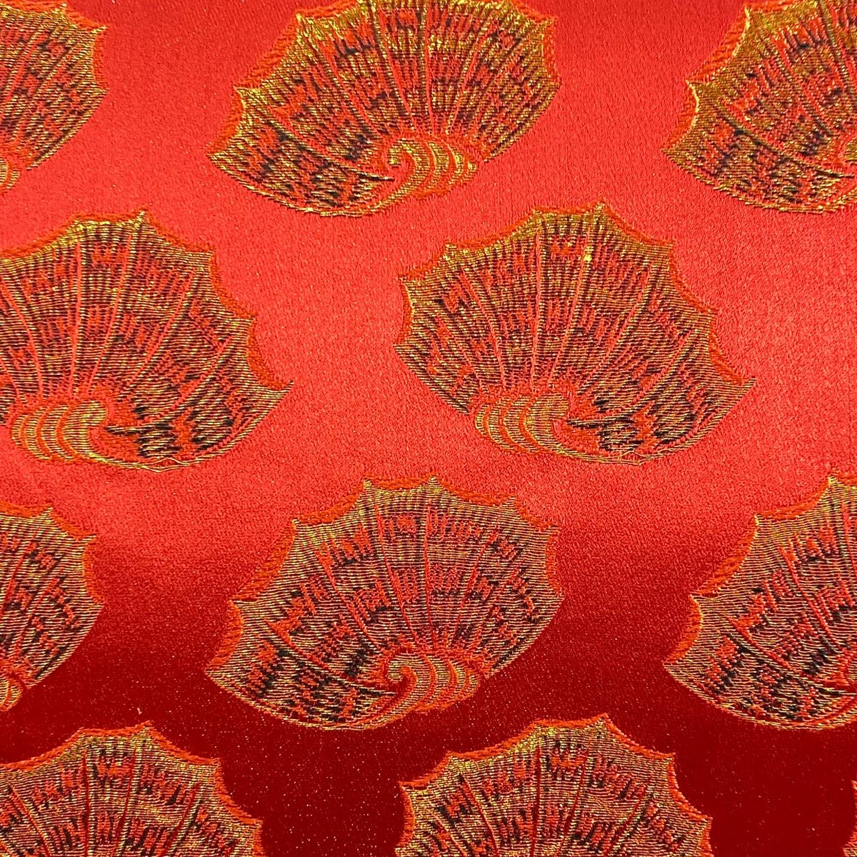 開き名古屋帯 龍村美術織物 TATUMURA 彩貝文 金糸 朱色 正絹