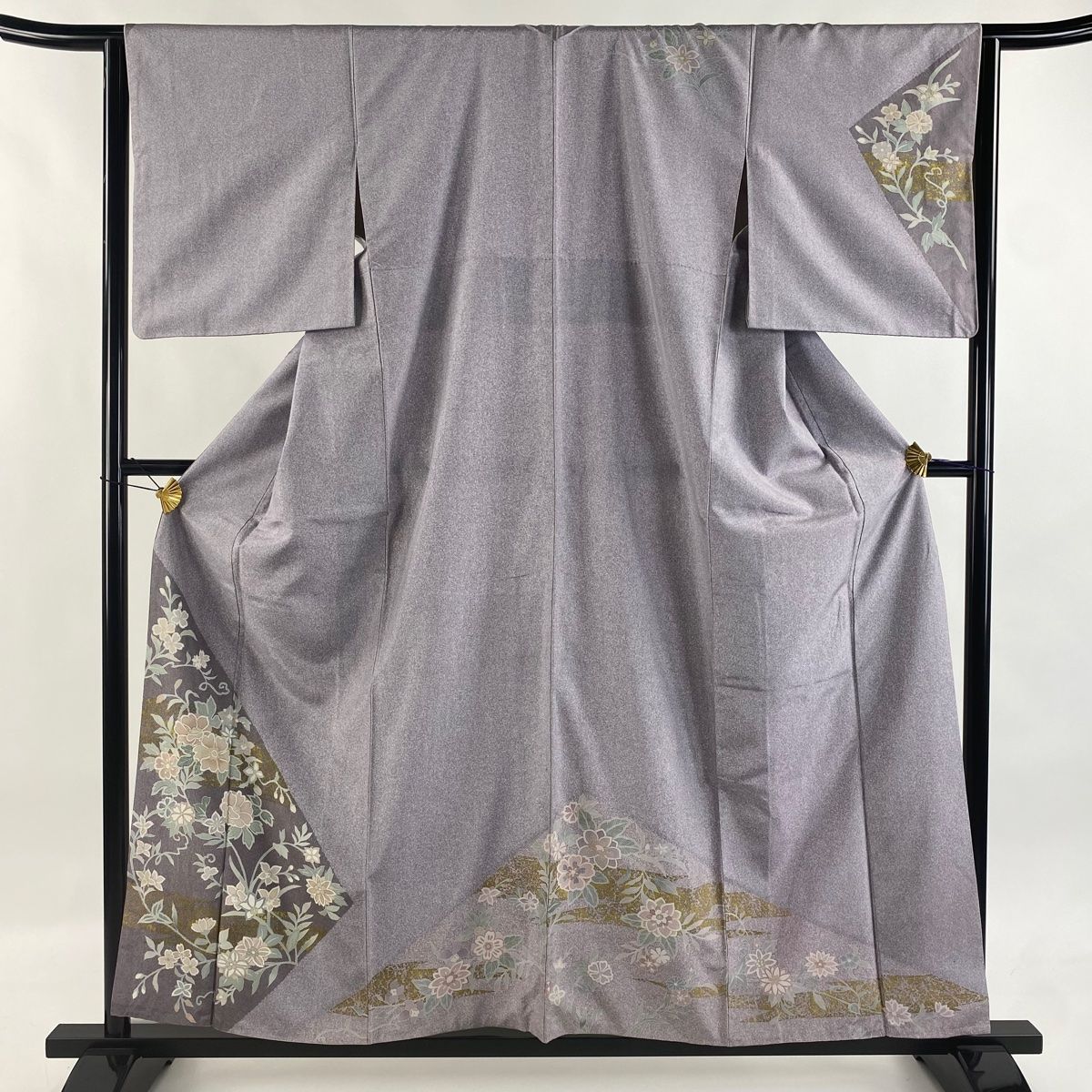 訪問着 身丈156 cm 裄丈63.5 S 袷 紬地 草花 霞 金彩 薄紫 正絹