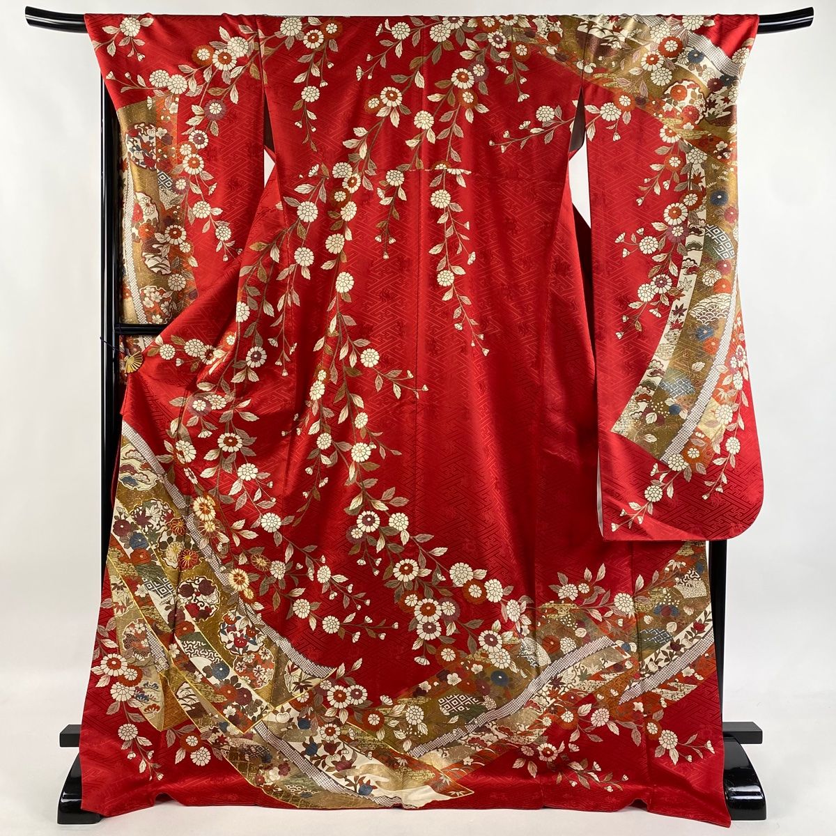 振袖 身丈178cm 裄丈69.5cm L 袷 雪輪 草花 金糸 金彩 赤 正絹