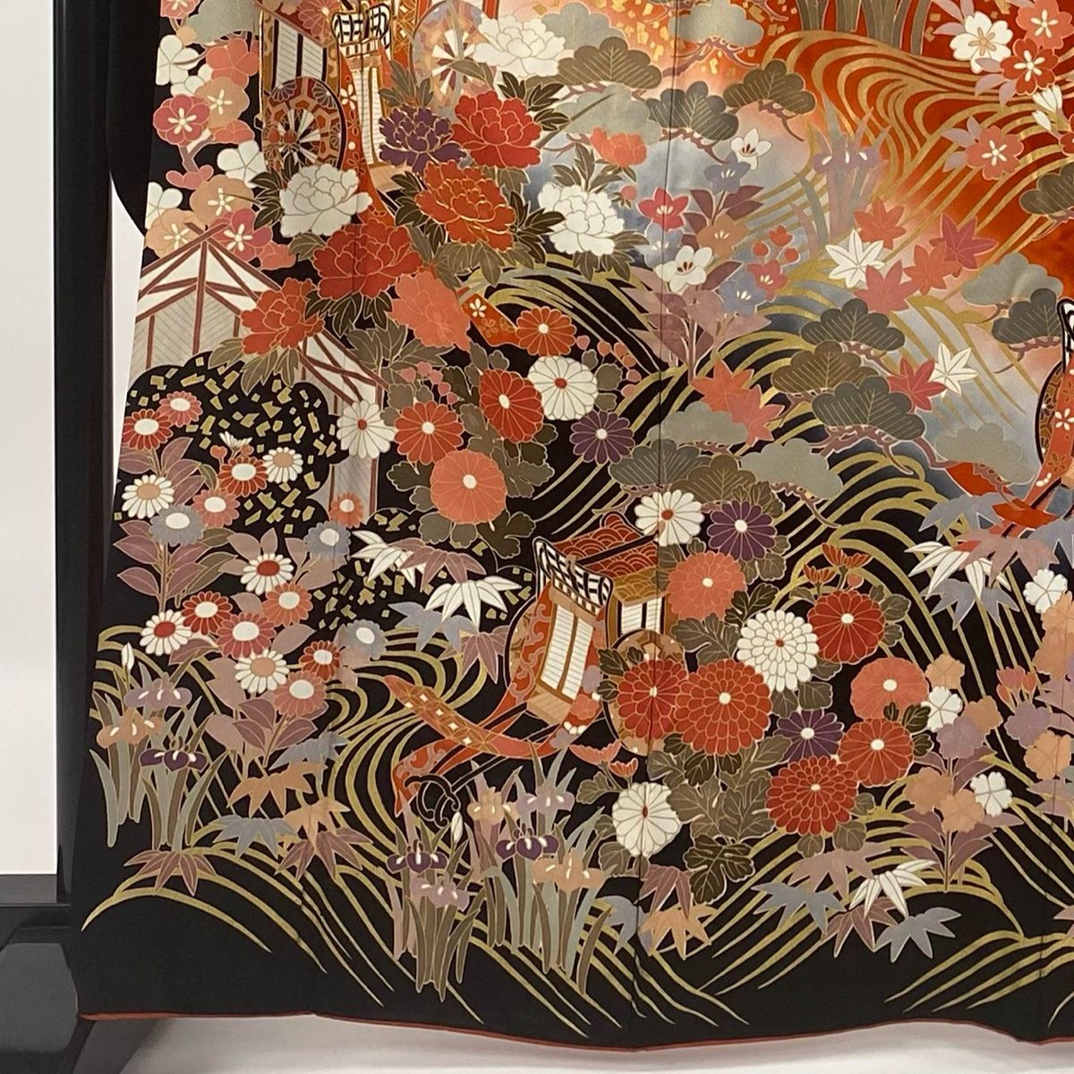 振袖 身丈166.5cm 裄丈67cm M 袷 御所車 松竹梅 金糸 金彩 朱色 正絹