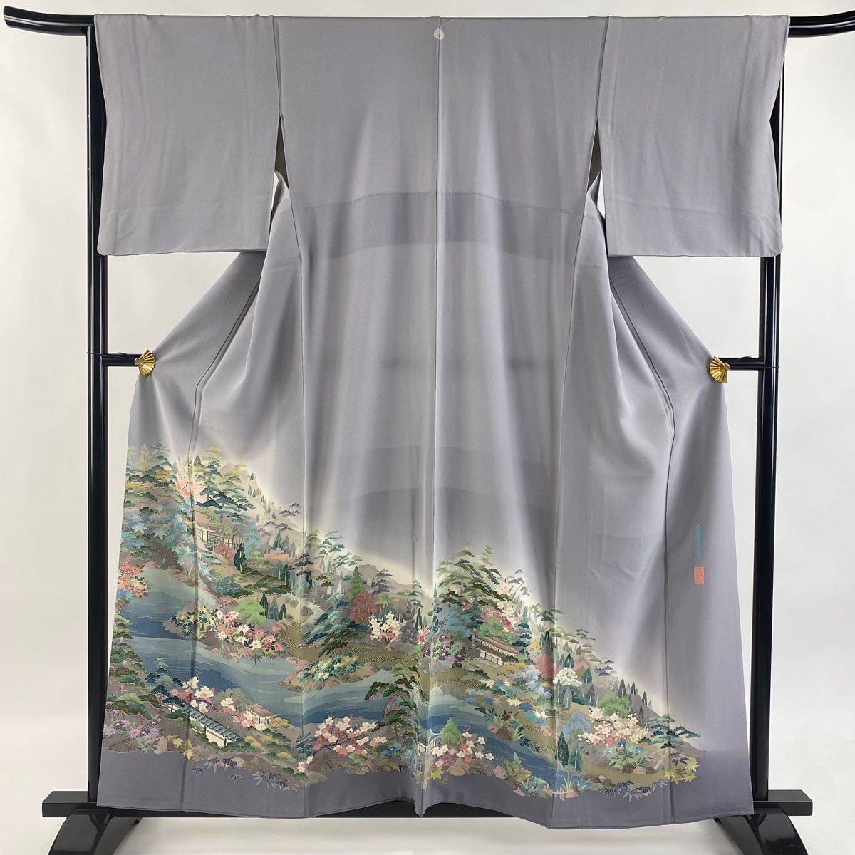色留袖 身丈158cm 裄丈65.5cm M 袷 落款 風景 松竹梅 染め分け ぼかし 灰紫 正絹 一つ紋