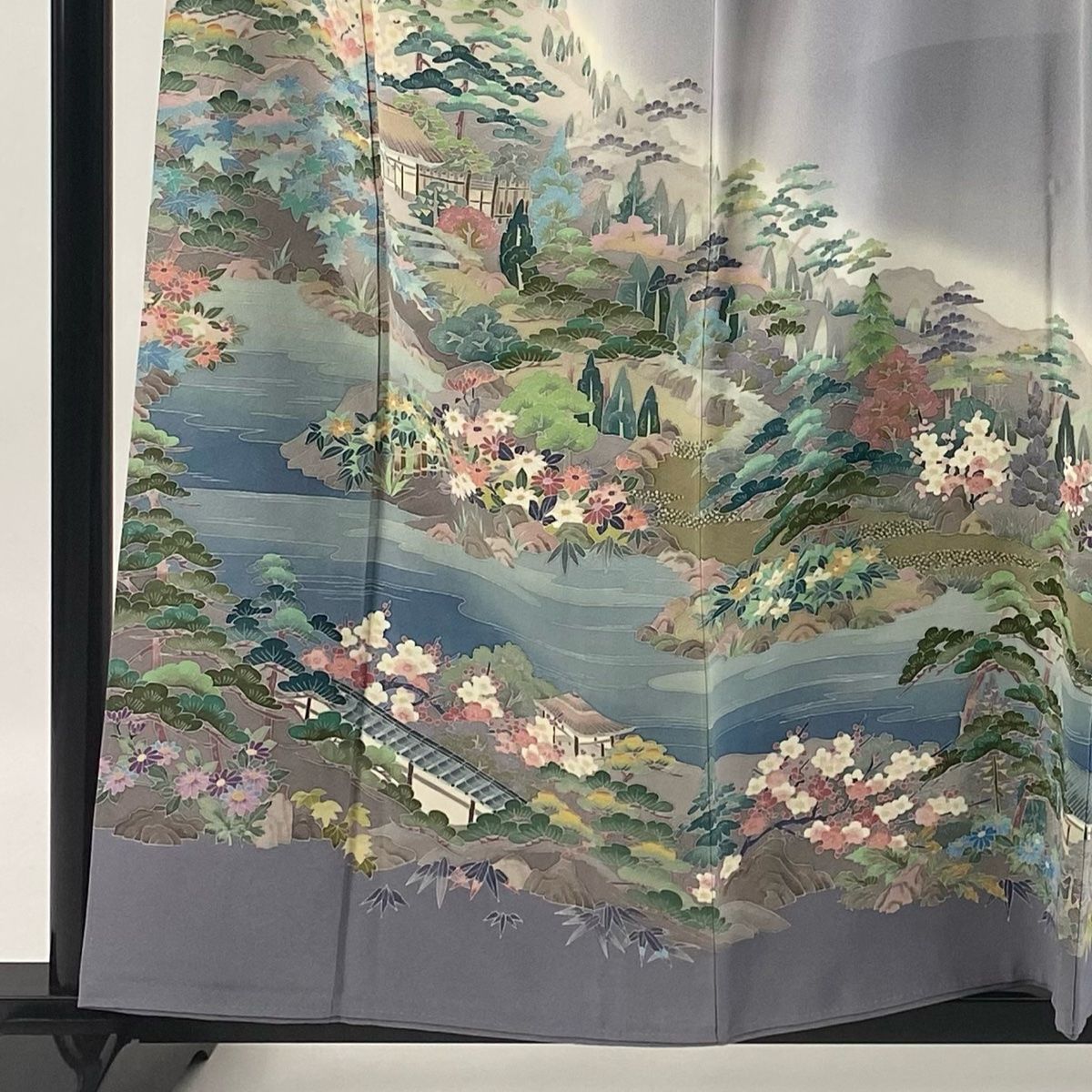 色留袖 身丈158cm 裄丈65.5cm M 袷 落款 風景 松竹梅 染め分け ぼかし 灰紫 正絹 一つ紋