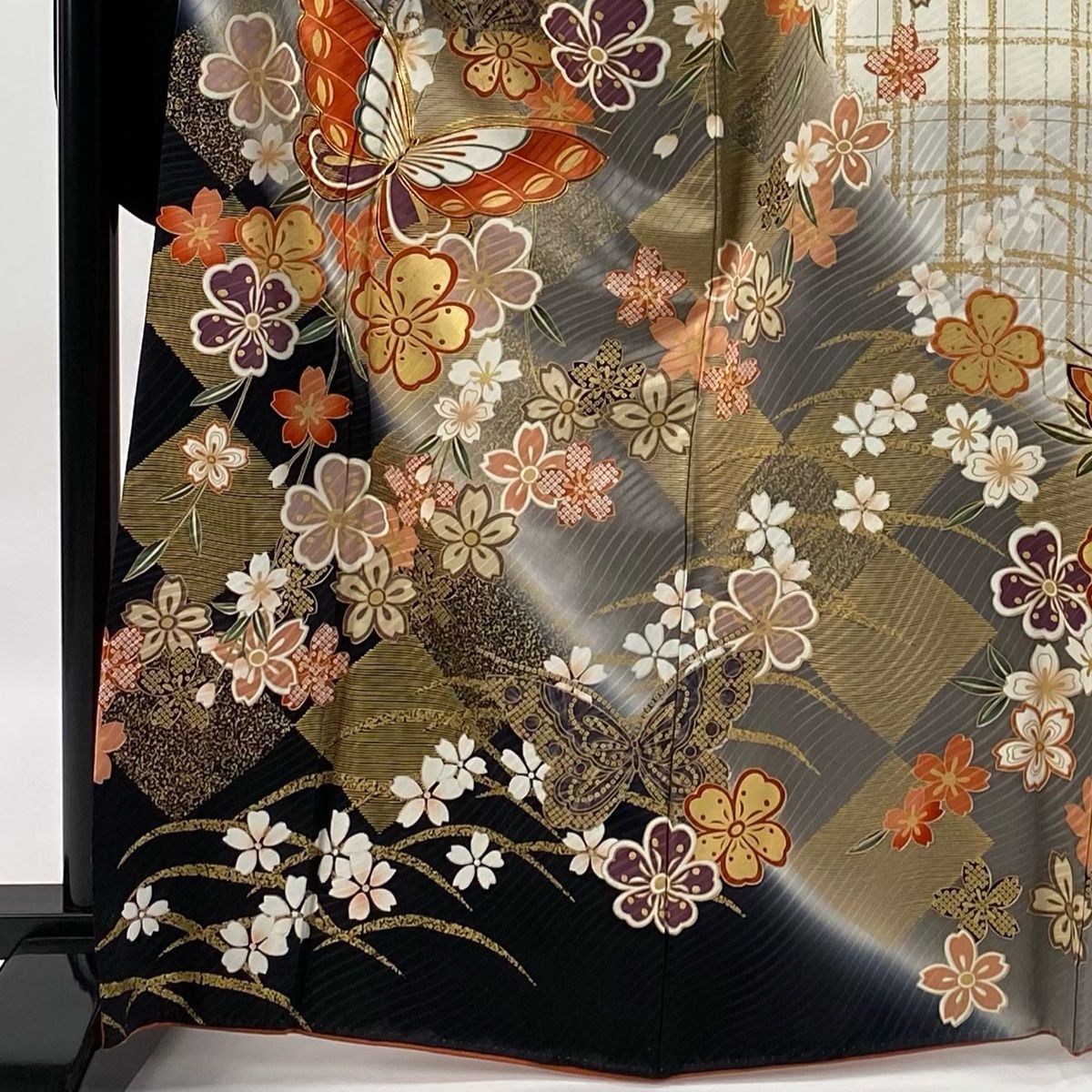 振袖 身丈166cm 裄丈69.5cm L 袷 蝶 桜 金糸 金彩 灰色 正絹