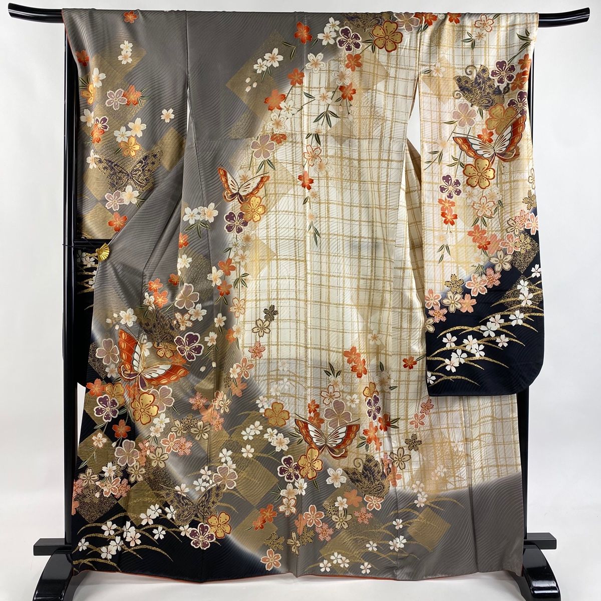 振袖 身丈166cm 裄丈69.5cm L 袷 蝶 桜 金糸 金彩 灰色 正絹