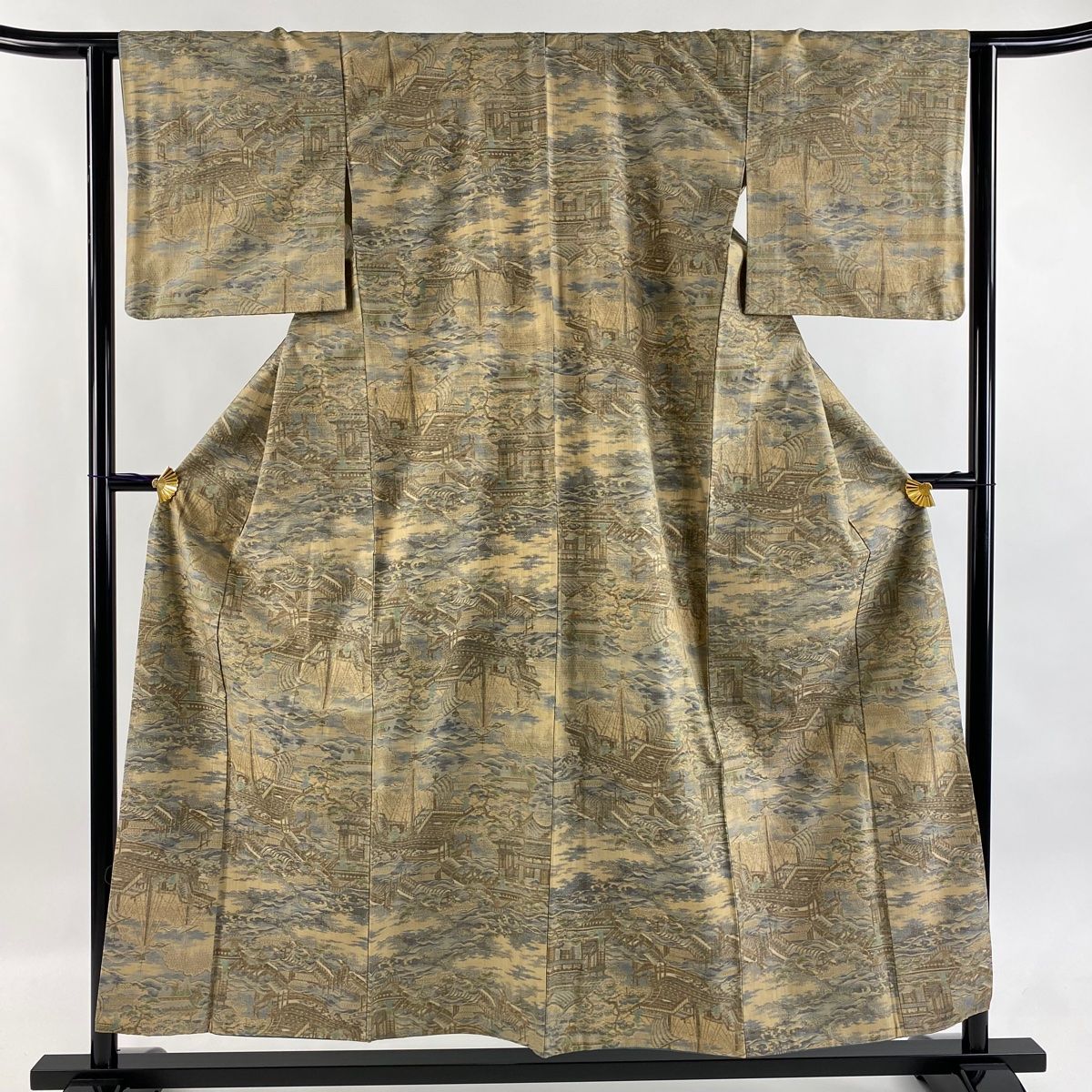 紬 身丈155cm 裄丈63.5cm S 袷 やまと 証紙 船 波 薄茶色 正絹