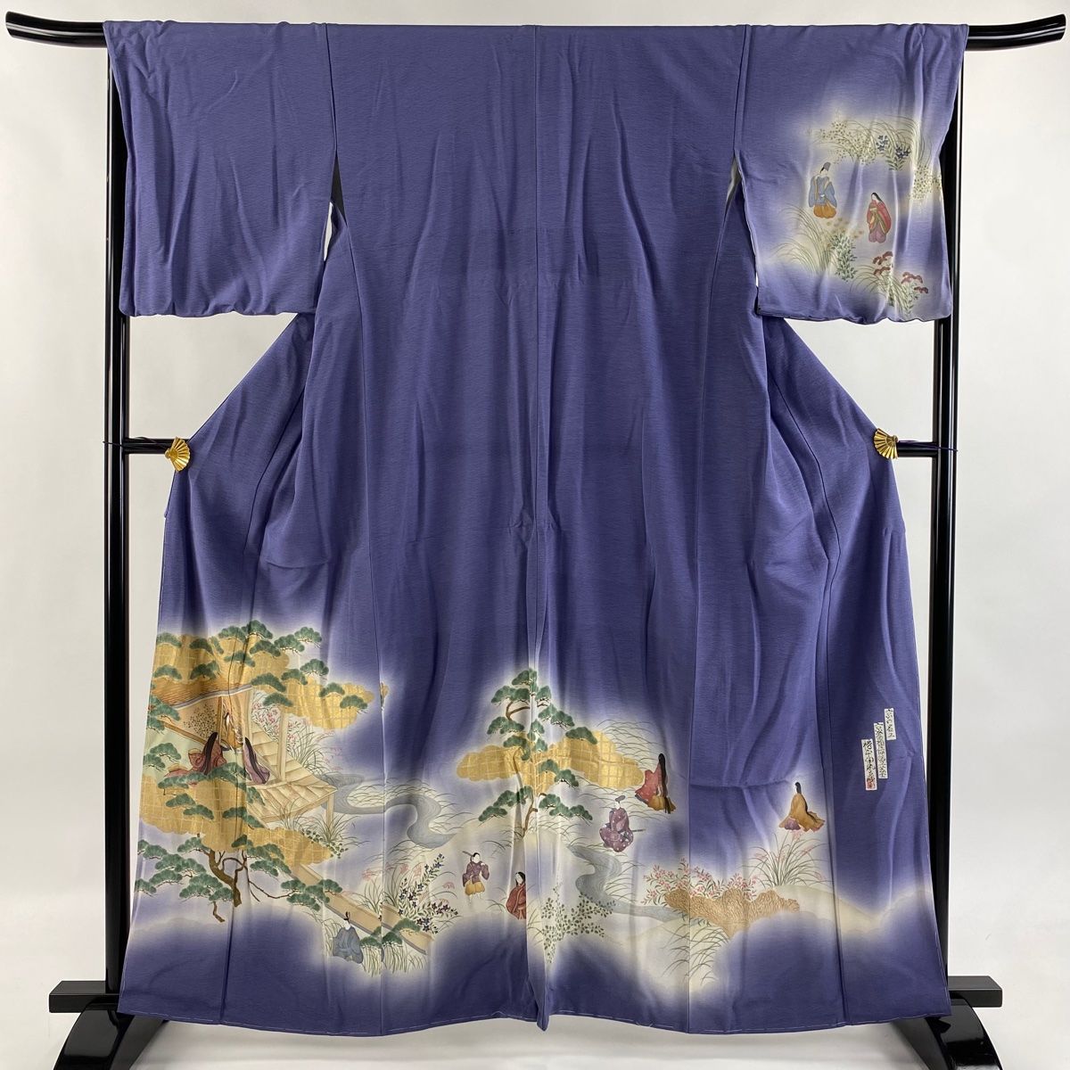 振袖 身丈161.5cm 裄丈68cm L 袷 樽本伊勢蔵 やまと 落款 御所風景 金銀彩 ぼかし 青紫 正絹