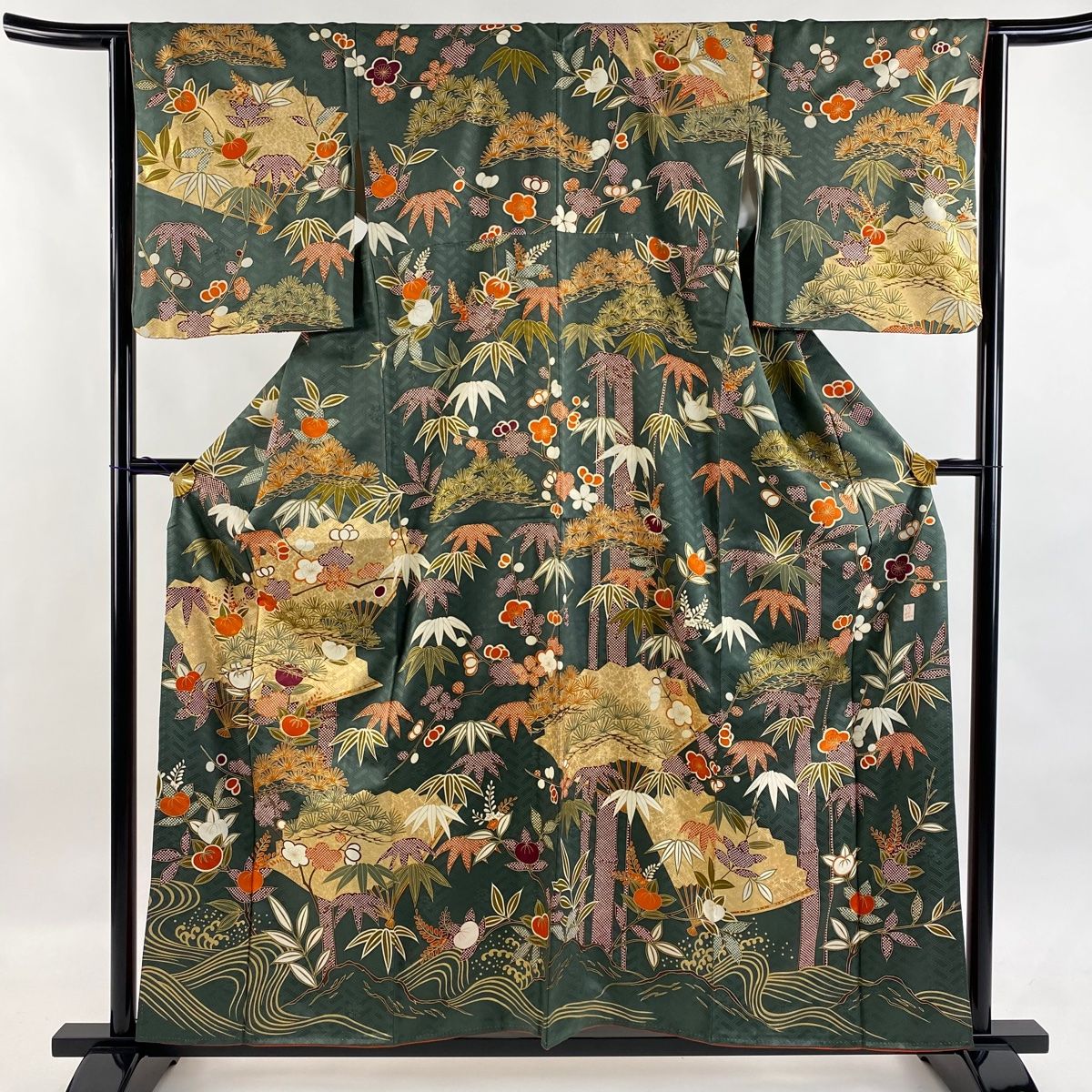 訪問着 身丈158.5 cm 裄丈64 M 袷 吾妻徳穂 落款 松竹梅 扇 金糸 金彩 深緑 正絹