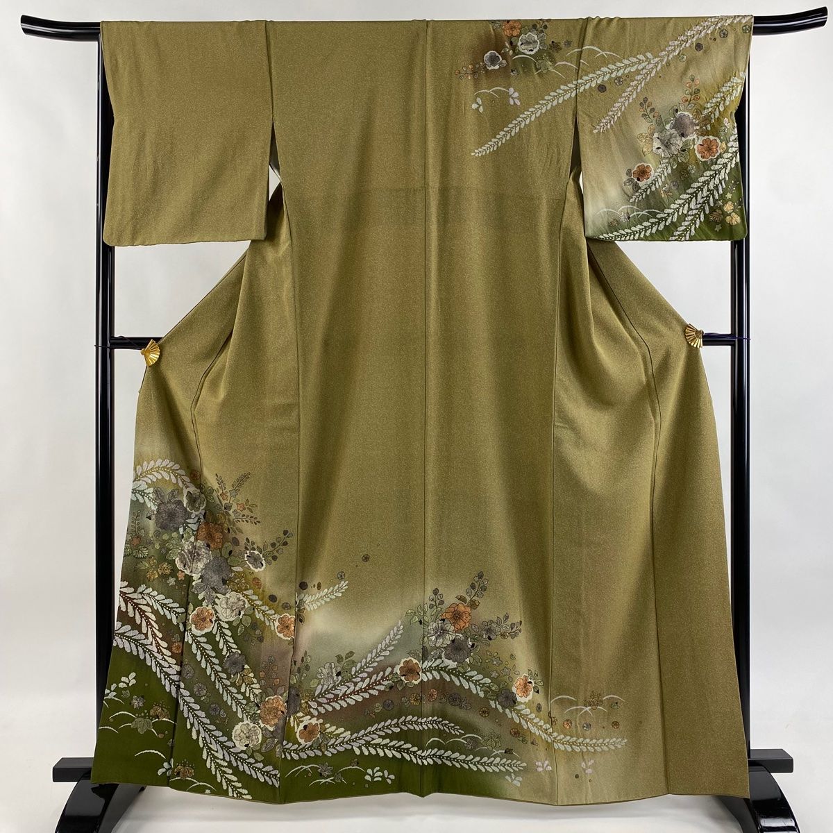 訪問着 身丈164cm 裄丈67.5cm L 袷 辻が花柄 絞り 金銀彩 茶緑色 正絹