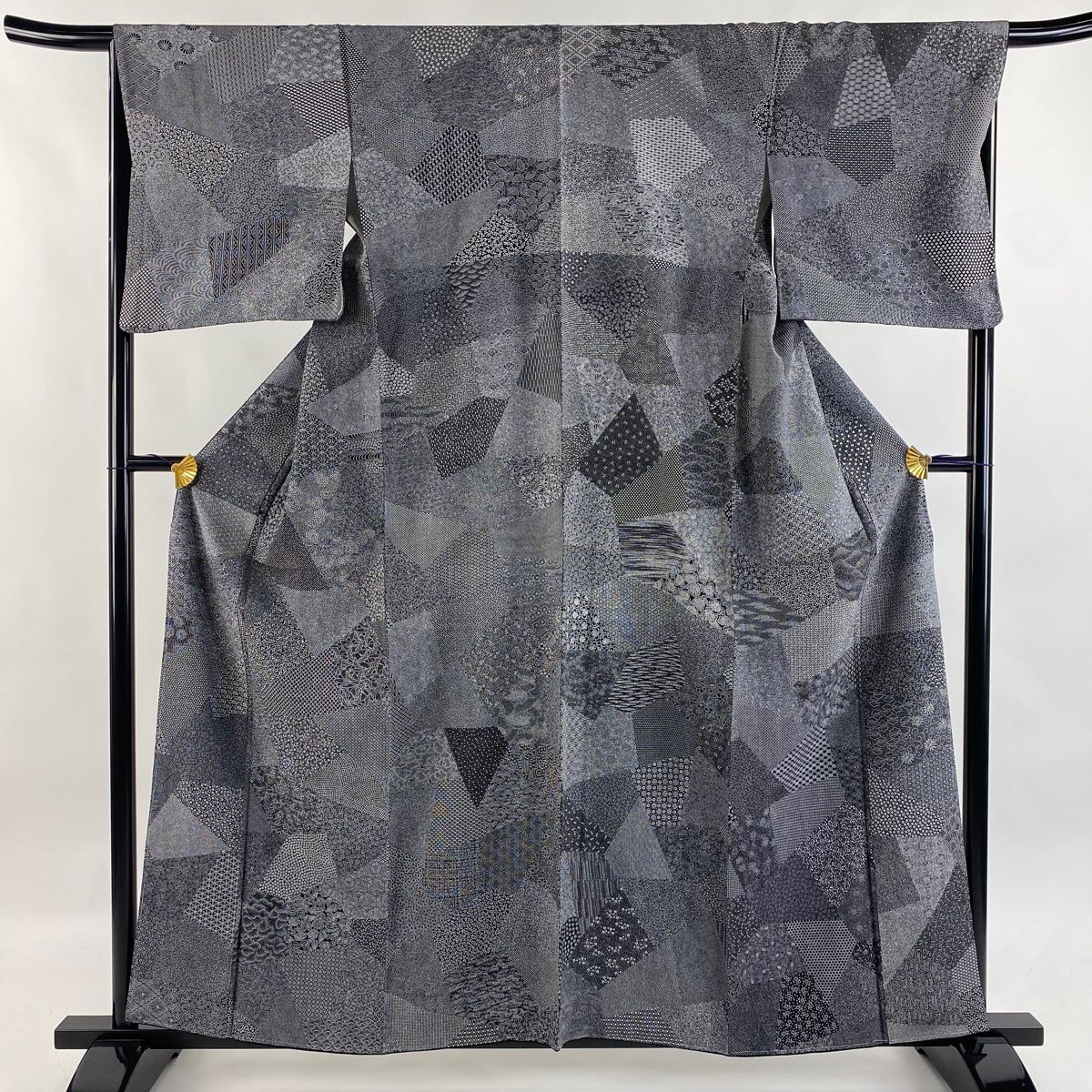 江戸小紋 身丈159.5cm 裄丈67cm M 袷 草花 寄せ柄 黒灰 正絹