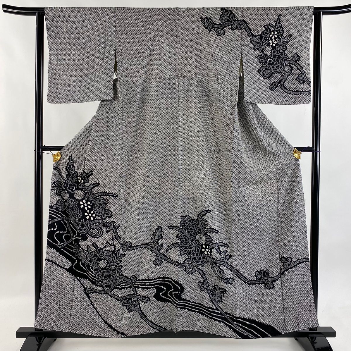 訪問着 身丈158.5cm 裄丈62.5cm S 袷 花籠 流水 黒 正絹