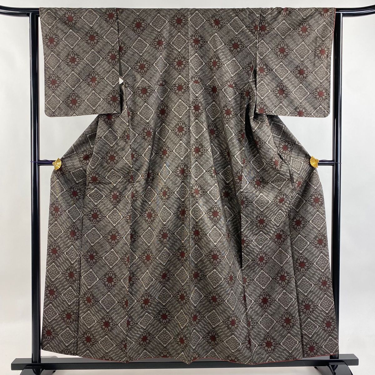紬 身丈157.5cm 裄丈63cm S 袷 菱 花 焦茶色 正絹