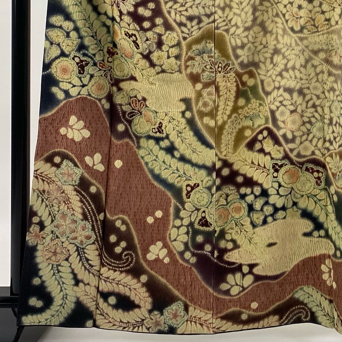 訪問着 身丈164cm 裄丈65cm M 袷 草花 霞 絞り ぼかし 薄茶色 正絹