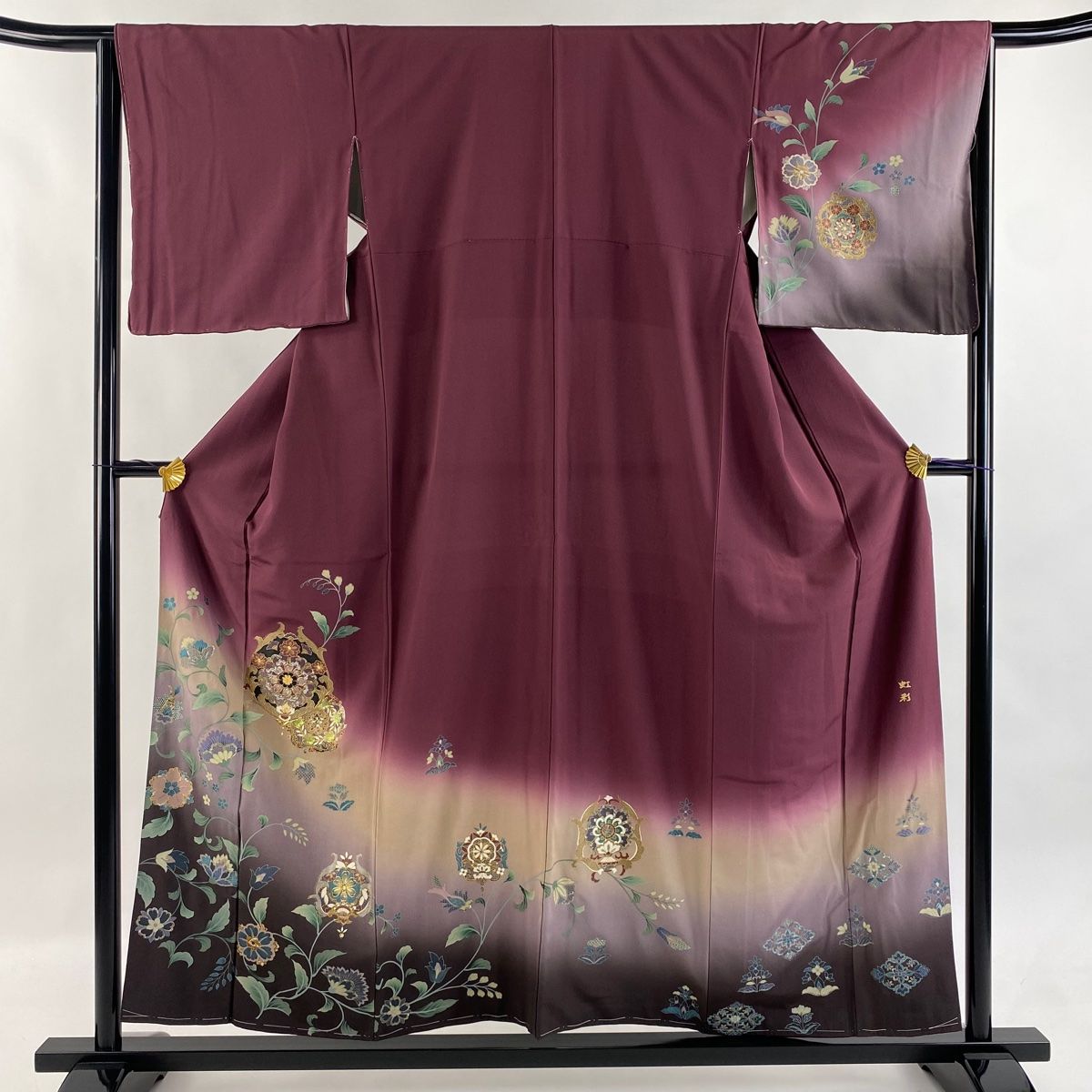 訪問着 身丈156.5cm 裄丈64.5cm M 袷 草花 華文 金彩 螺鈿 赤紫 正絹