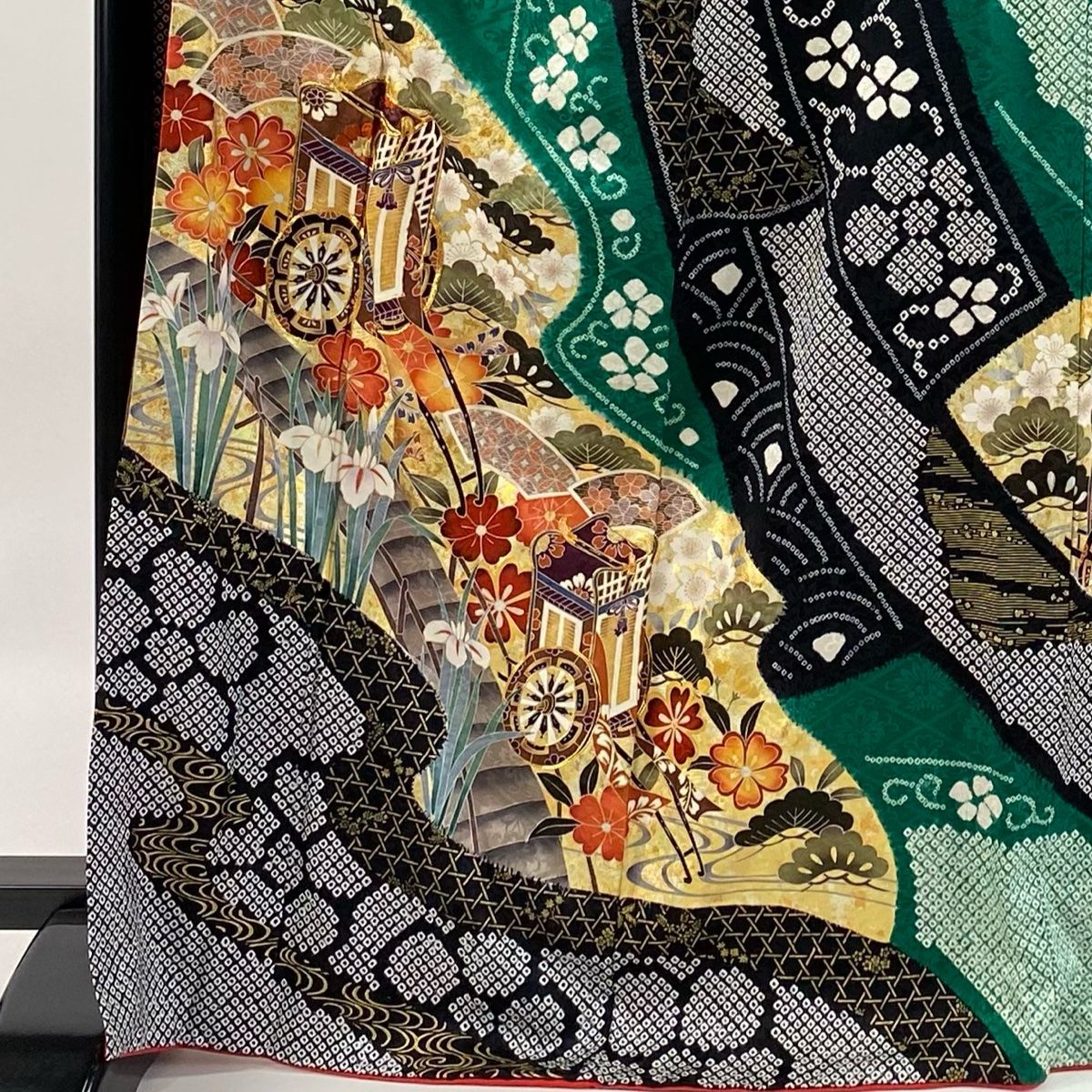 振袖 身丈170cm 裄丈67cm M 袷 御所車 束ね熨斗 金糸 金銀彩 緑 正絹
